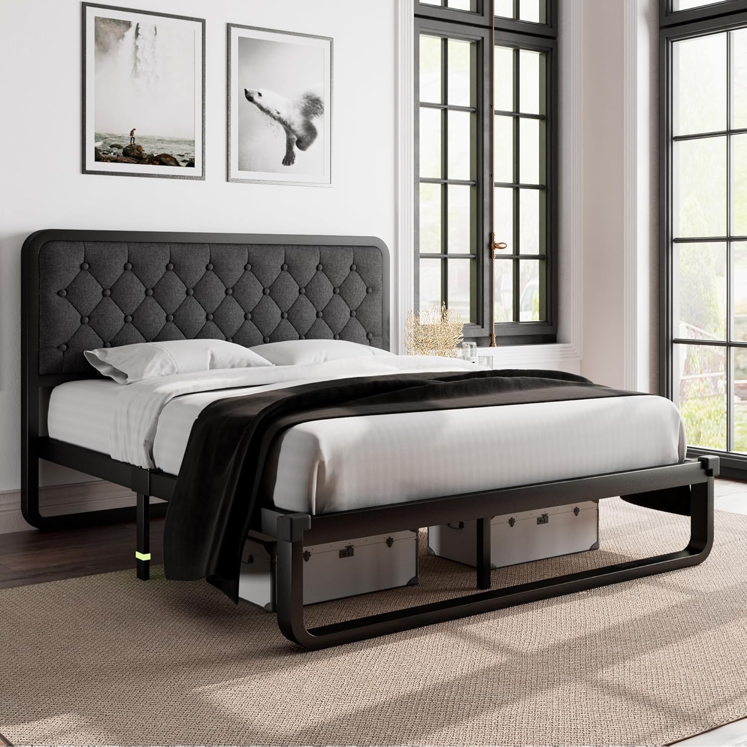 Feonase Upholstered Platform Bed Frame with Heavy-Duty Metal Steel Slats