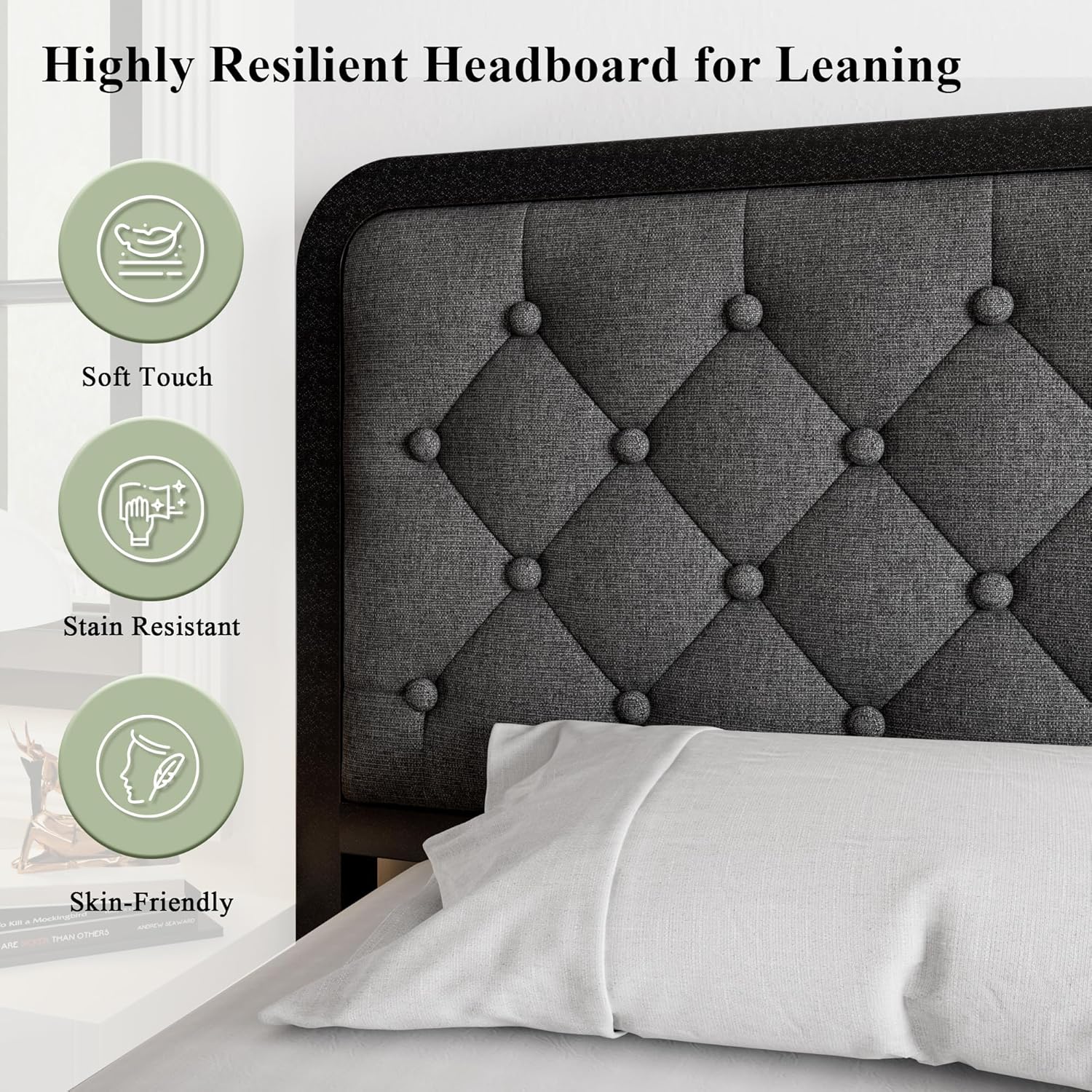 Feonase Upholstered Platform Bed Frame with Heavy-Duty Metal Steel Slats