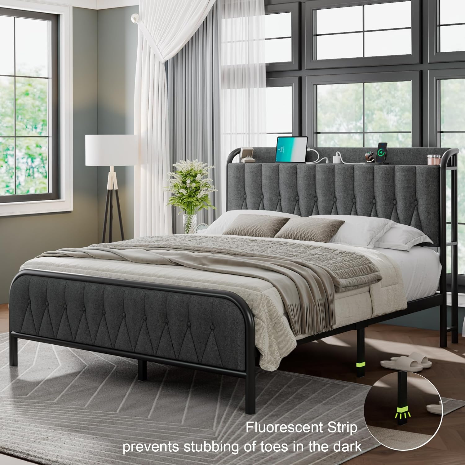 Feonase Leather Bed Frame with Fast Charging Station