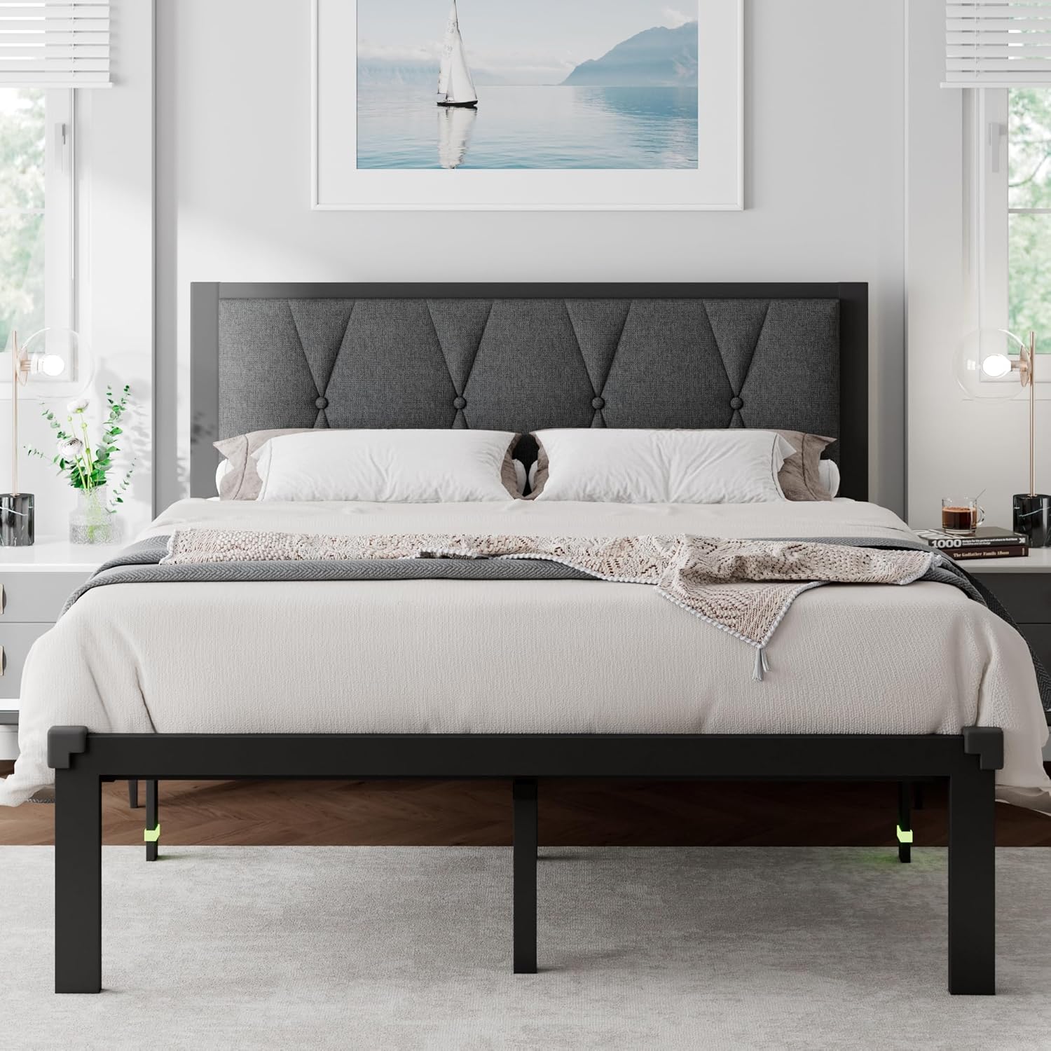 Feonase Metal Bed Frame with Fabric Button Tufted Headboard