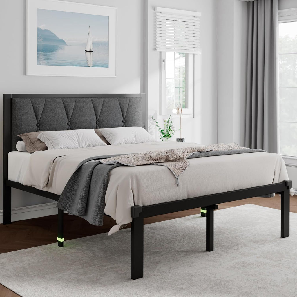 Feonase Metal Bed Frame with Fabric Button Tufted Headboard