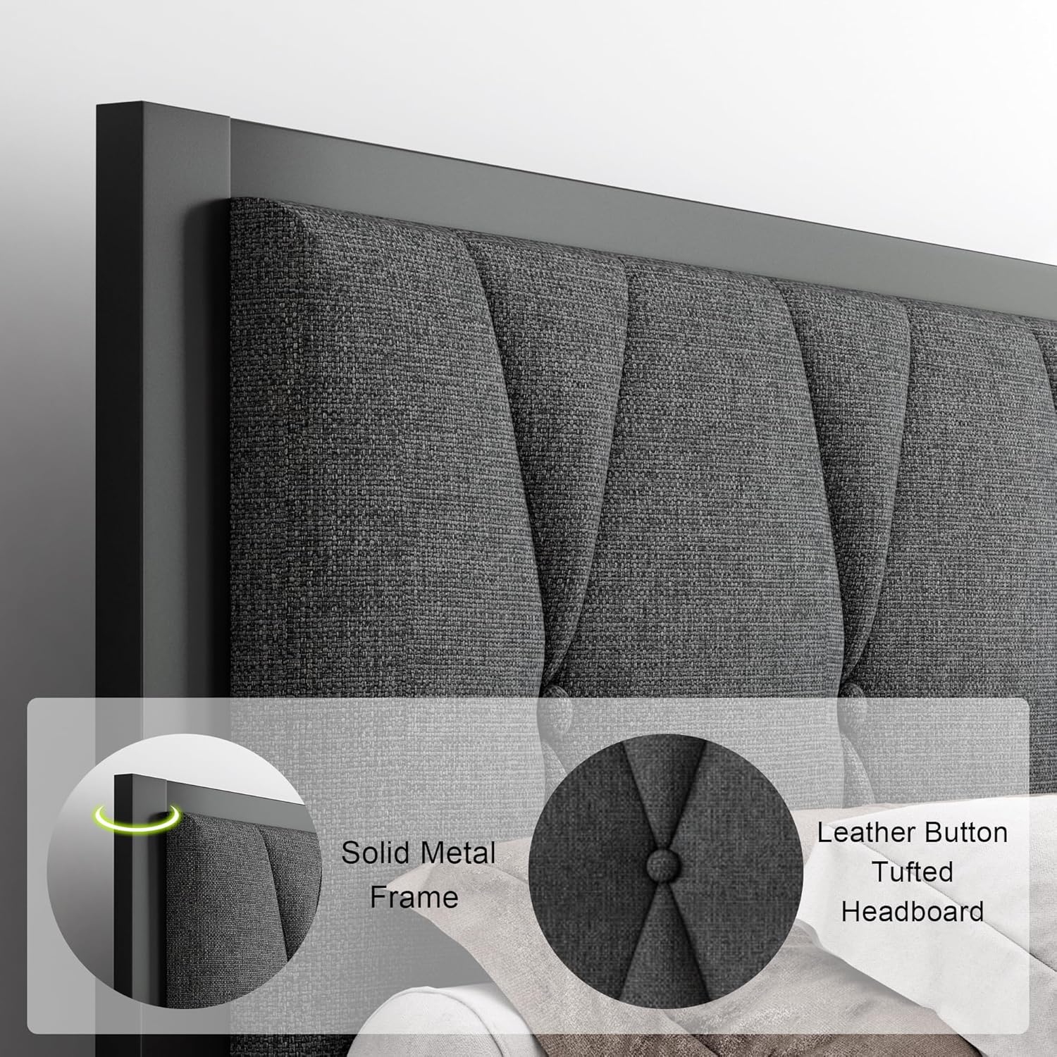 Feonase Metal Bed Frame with Fabric Button Tufted Headboard