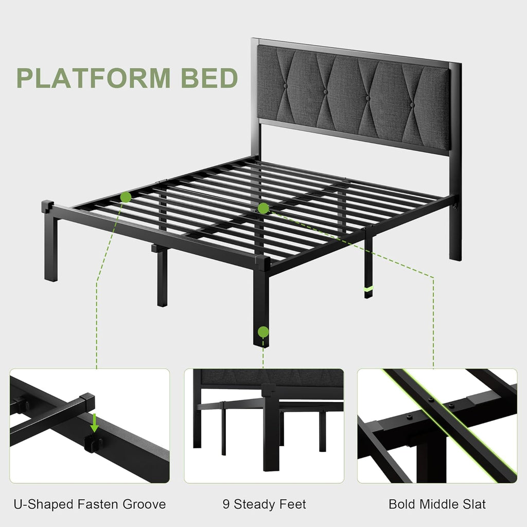 Feonase Metal Bed Frame with Fabric Button Tufted Headboard