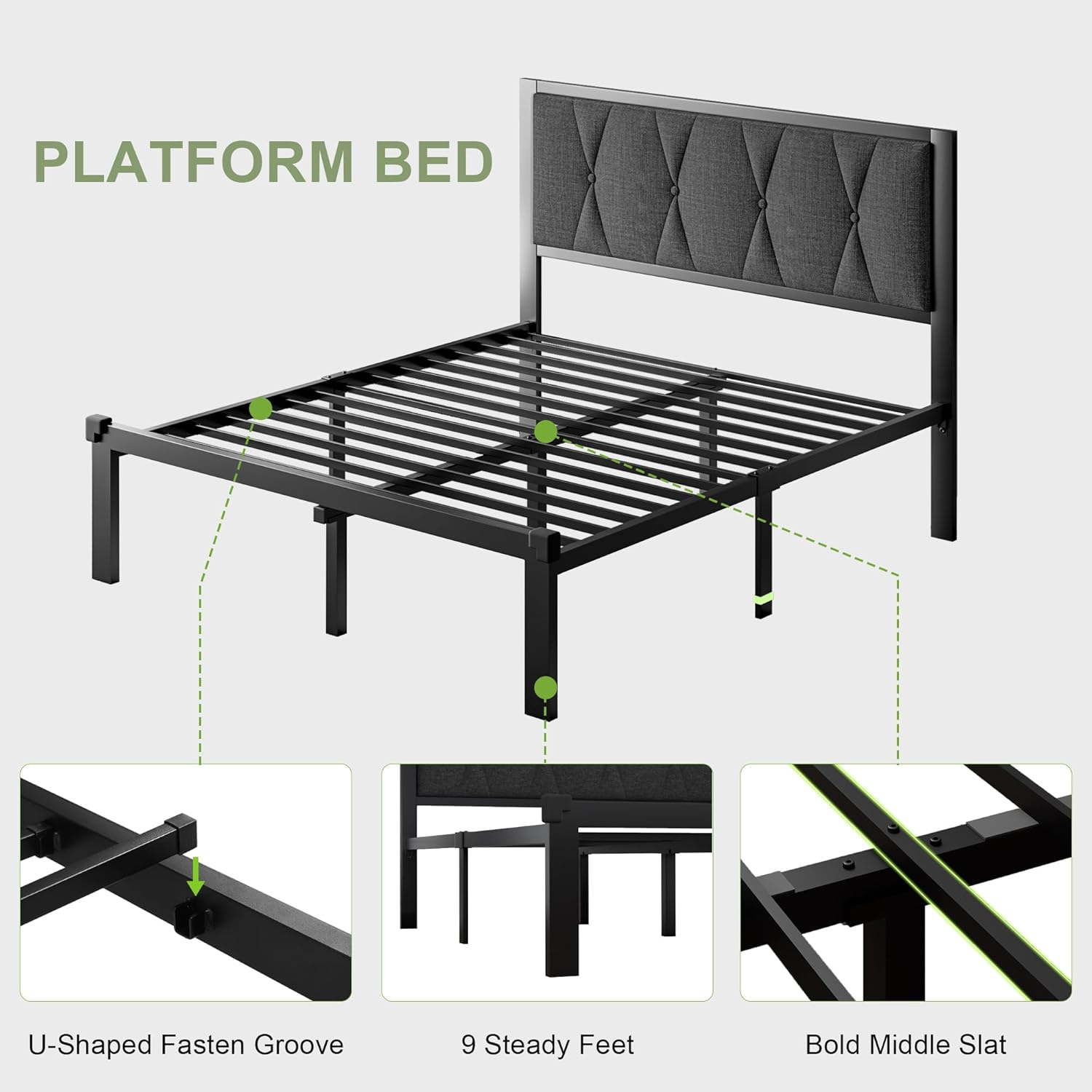 Feonase Metal Bed Frame with Fabric Button Tufted Headboard