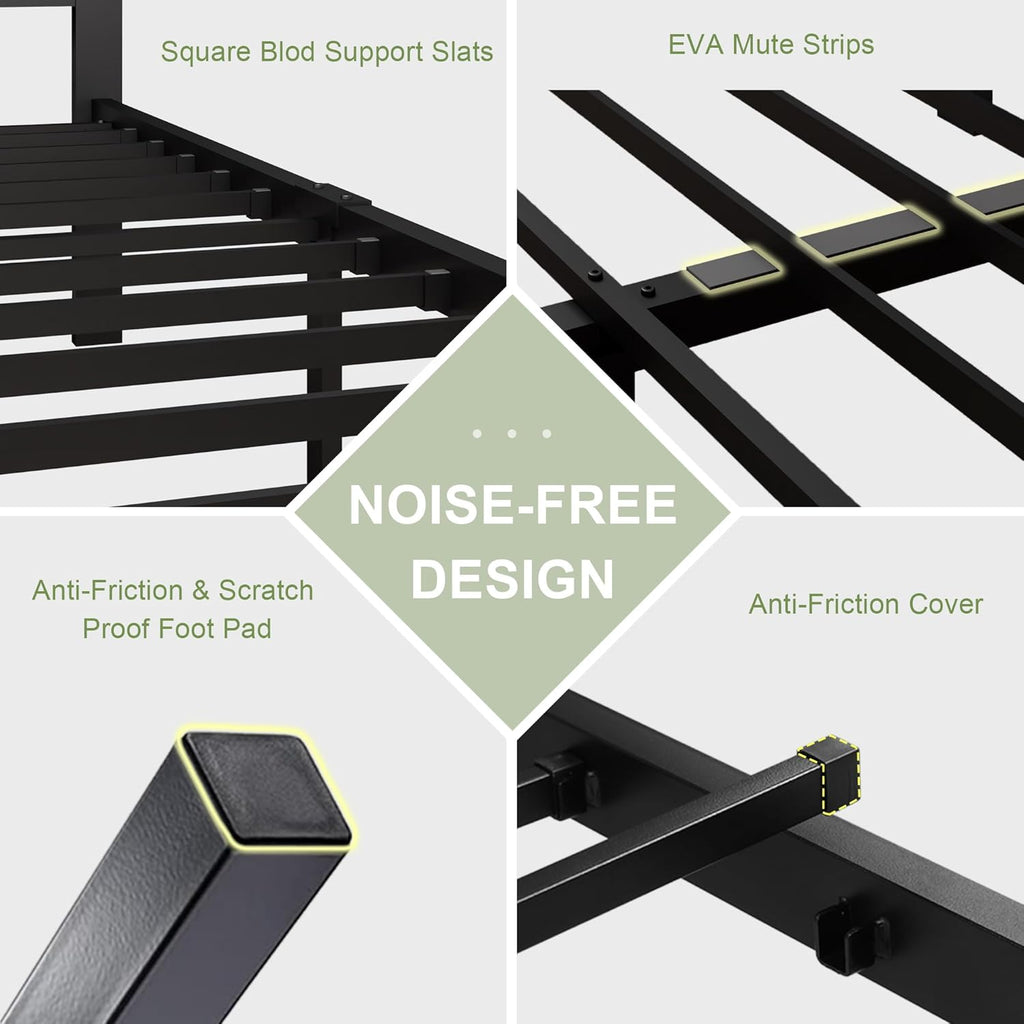 Feonase Metal Bed Frame with Fabric Button Tufted Headboard