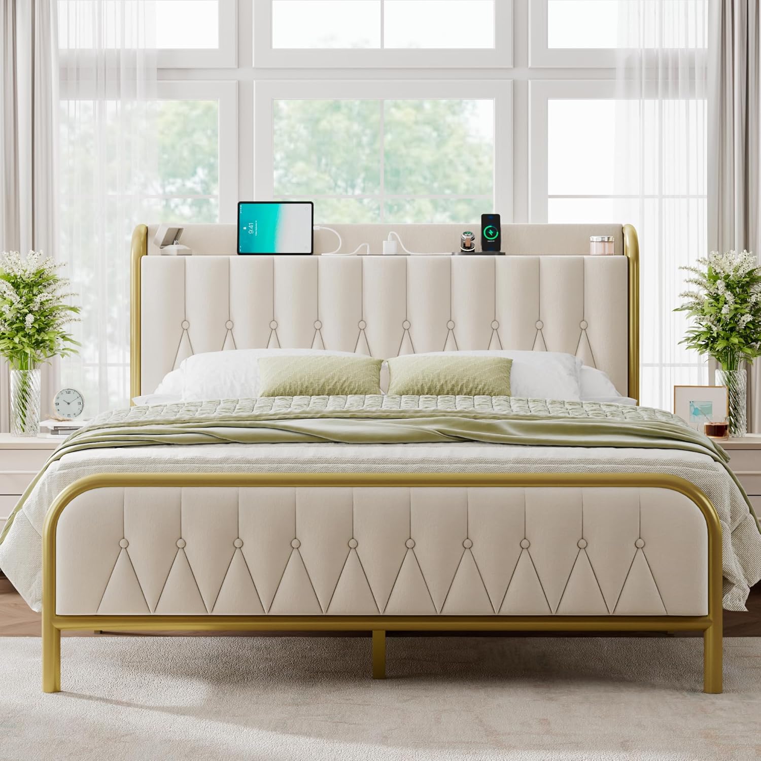 Feonase Leather Bed Frame with Fast Charging Station