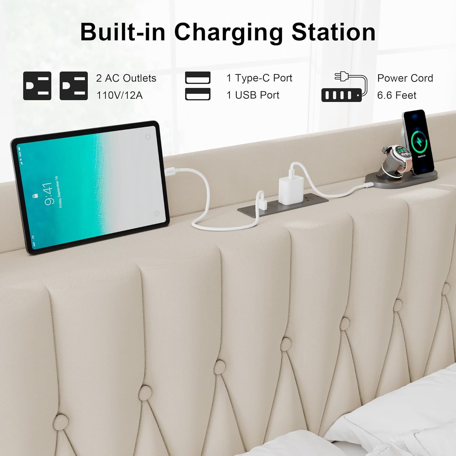 Feonase Leather Bed Frame with Fast Charging Station