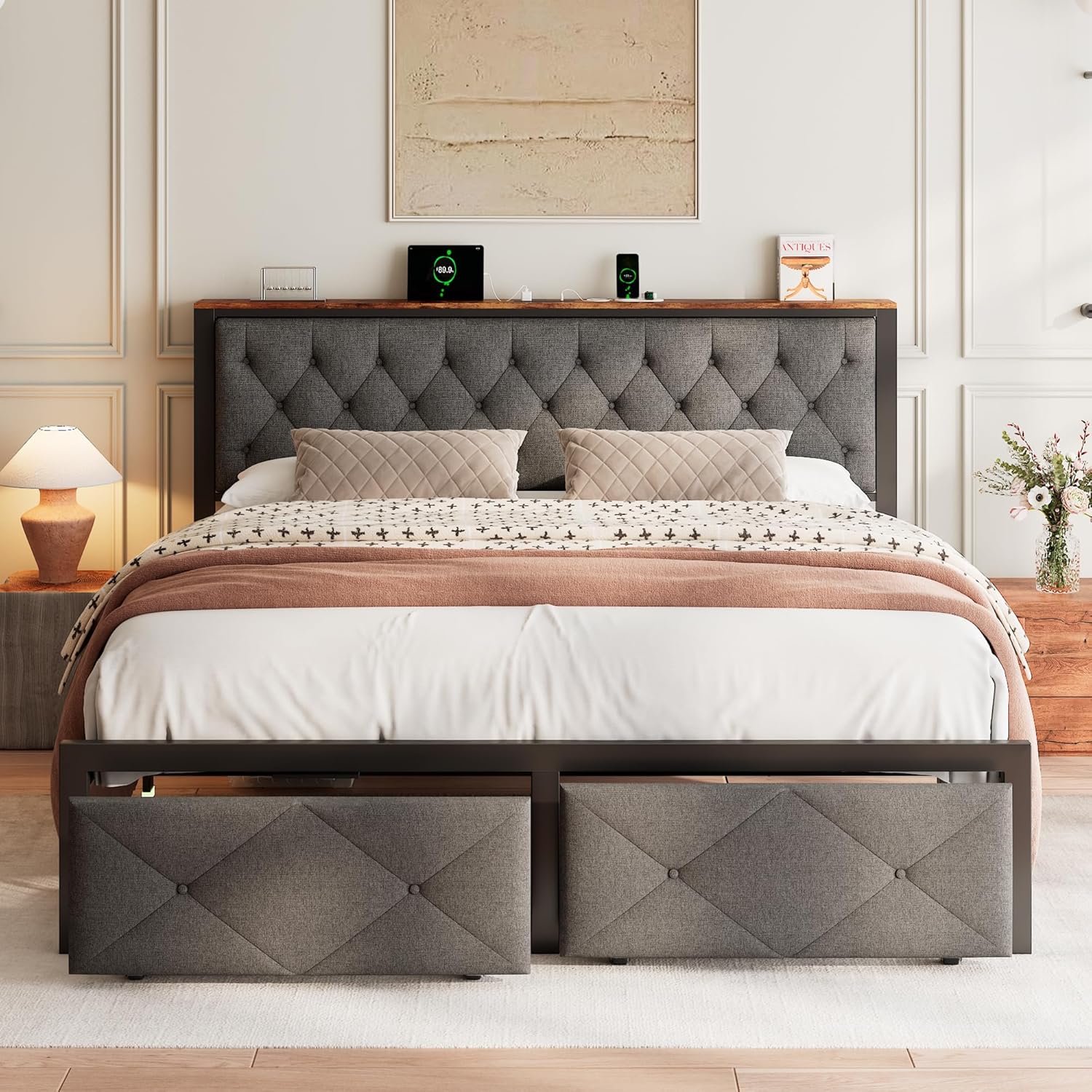 Feonase Metal Bed Frame with 2 Storage Drawers