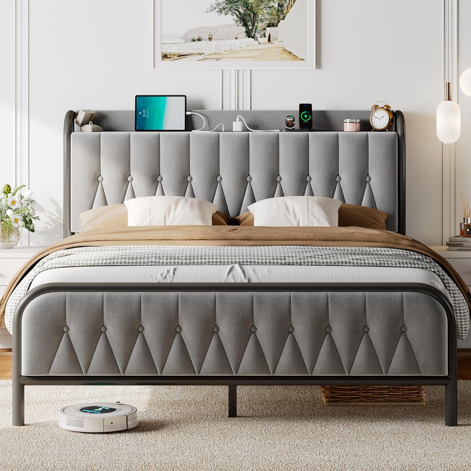 Feonase Leather Bed Frame with Fast Charging Station