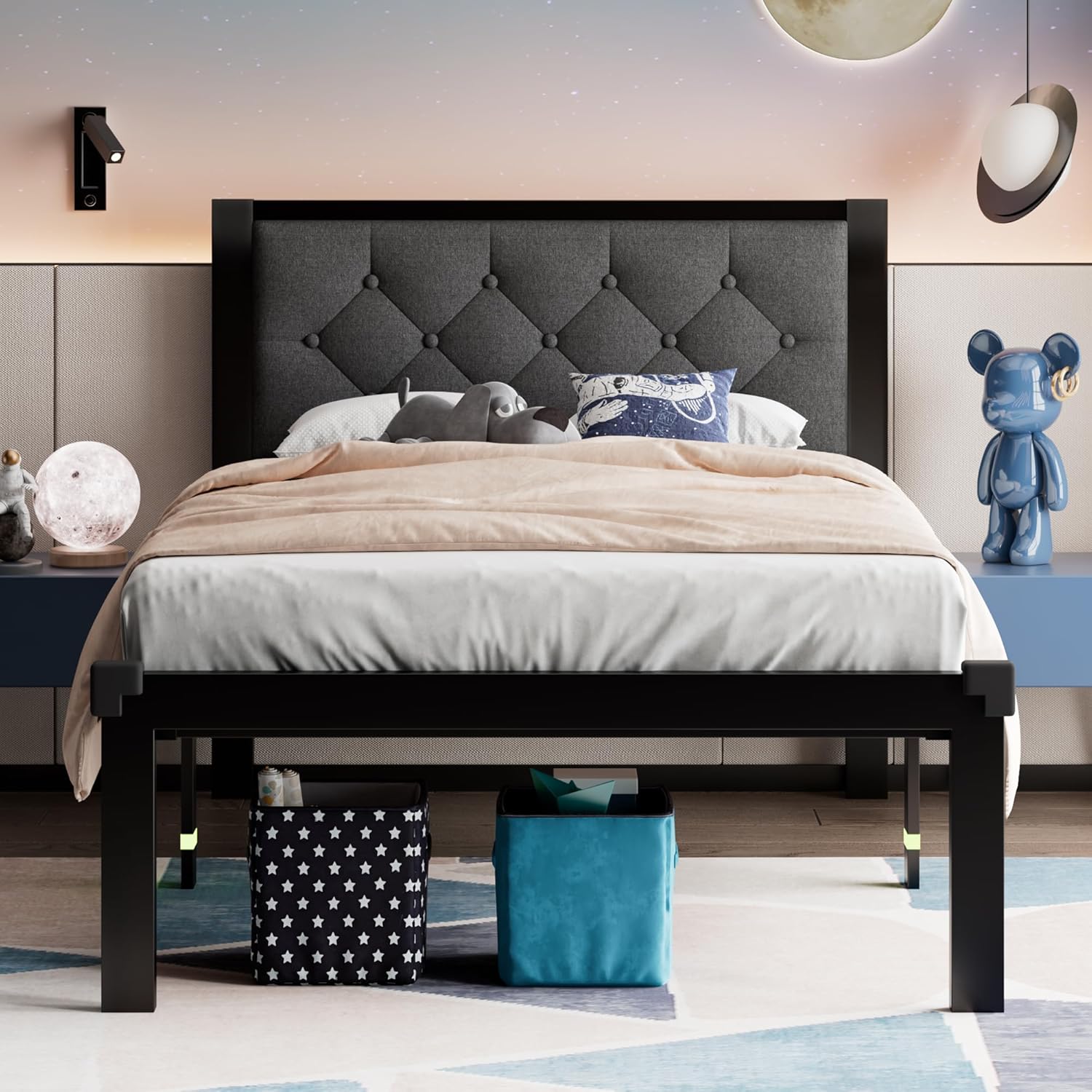 Feonase Metal Bed Frame with Linen Upholstered Headboard