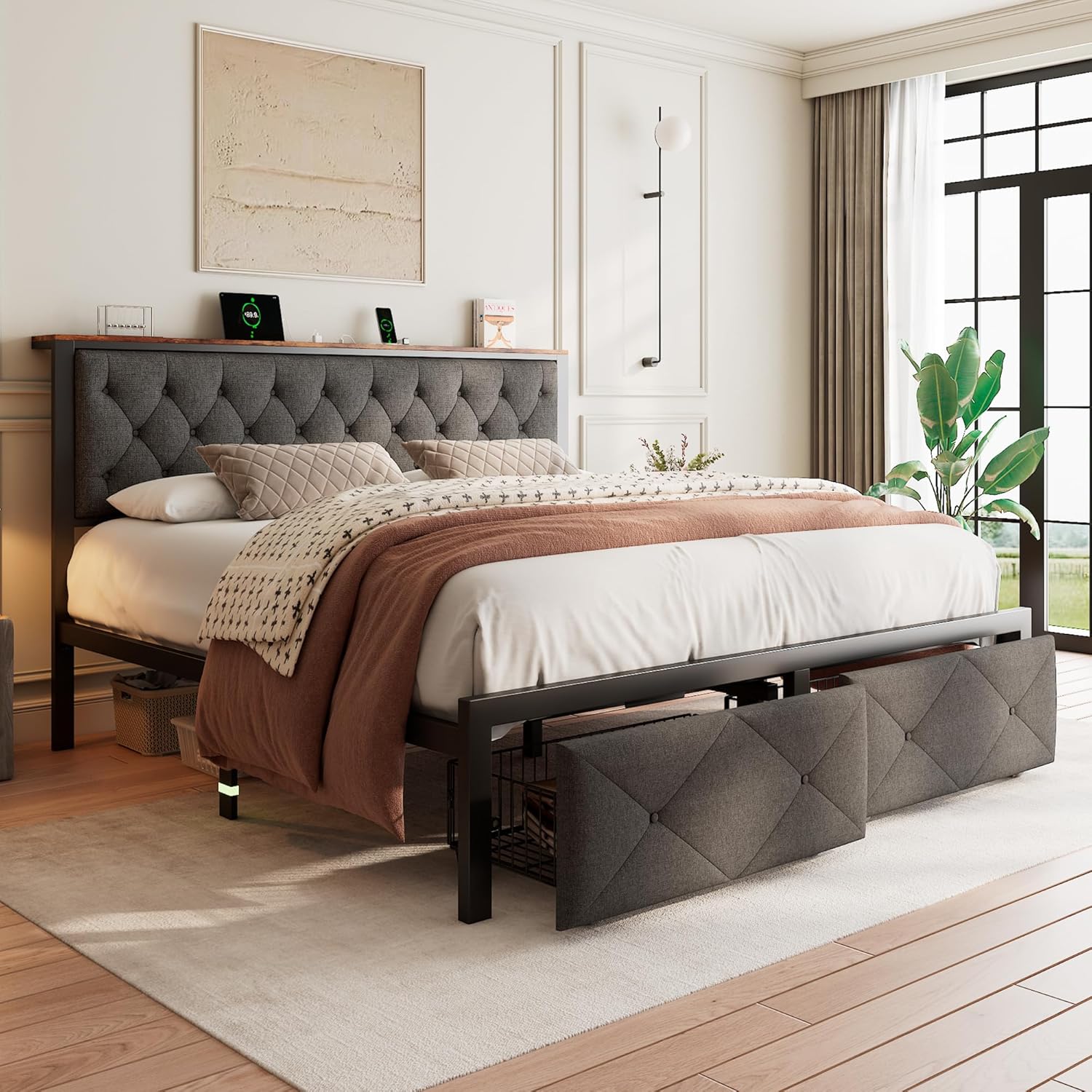 Feonase Metal Bed Frame with 2 Storage Drawers
