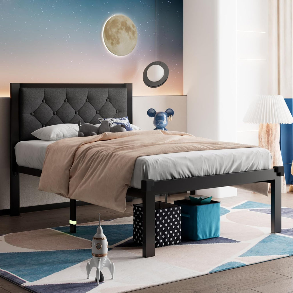 Feonase Metal Bed Frame with Linen Upholstered Headboard