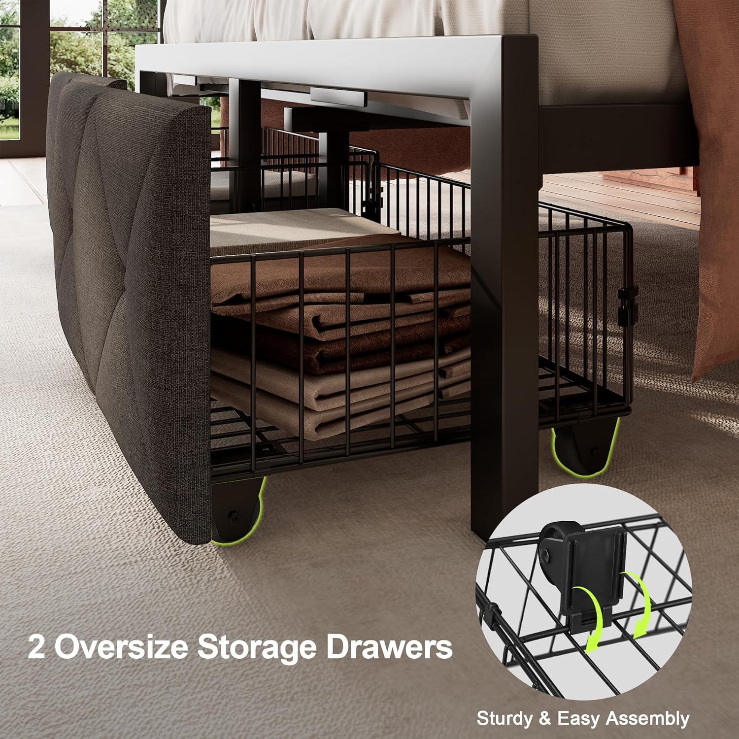 Feonase Metal Bed Frame with 2 Storage Drawers