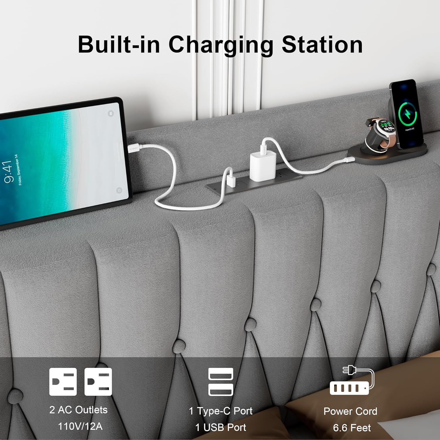 Feonase Leather Bed Frame with Fast Charging Station