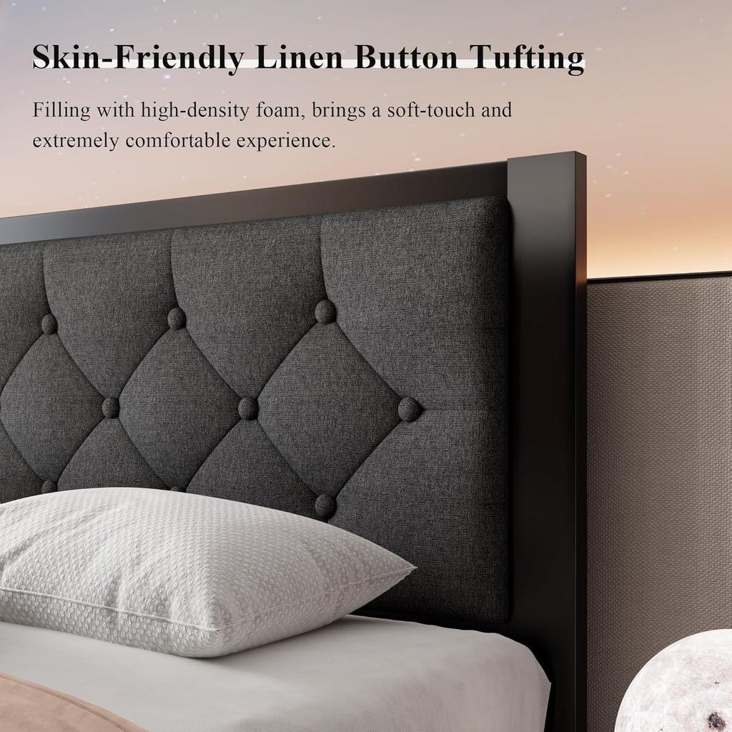 Feonase Metal Bed Frame with Linen Upholstered Headboard