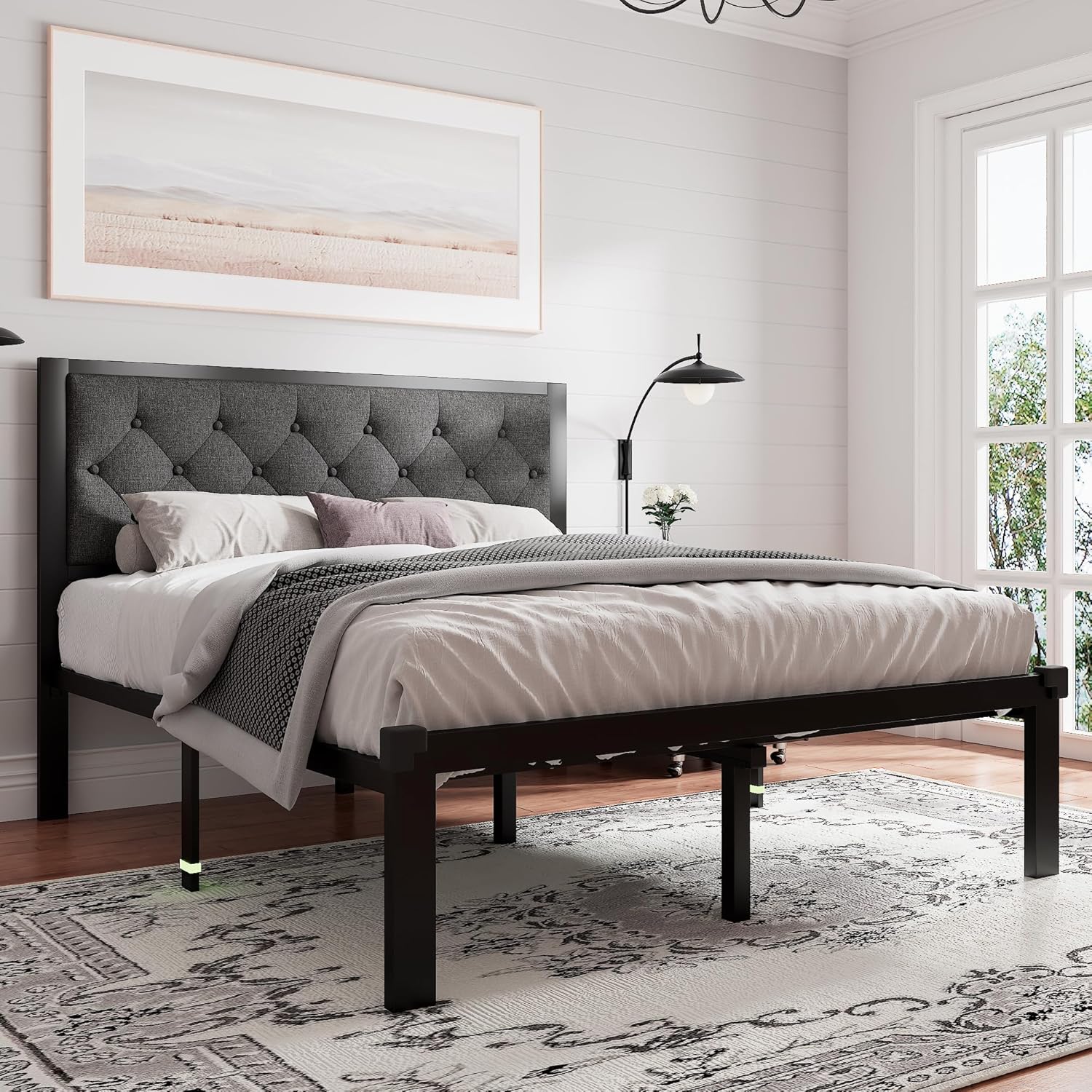 Feonase Metal Bed Frame Heavy-Duty Platform Bed Frame with Linen Upholstered Headboard