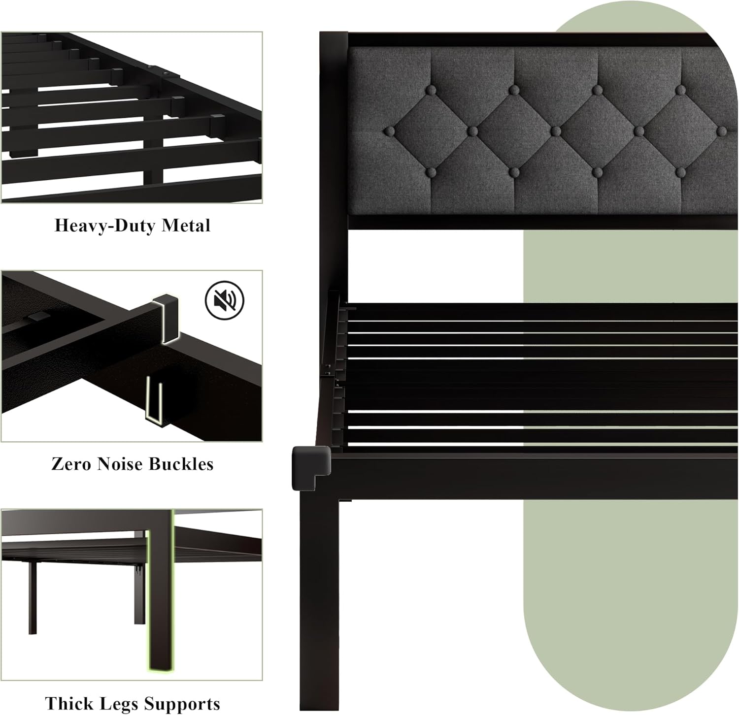 Feonase Metal Bed Frame with Linen Upholstered Headboard