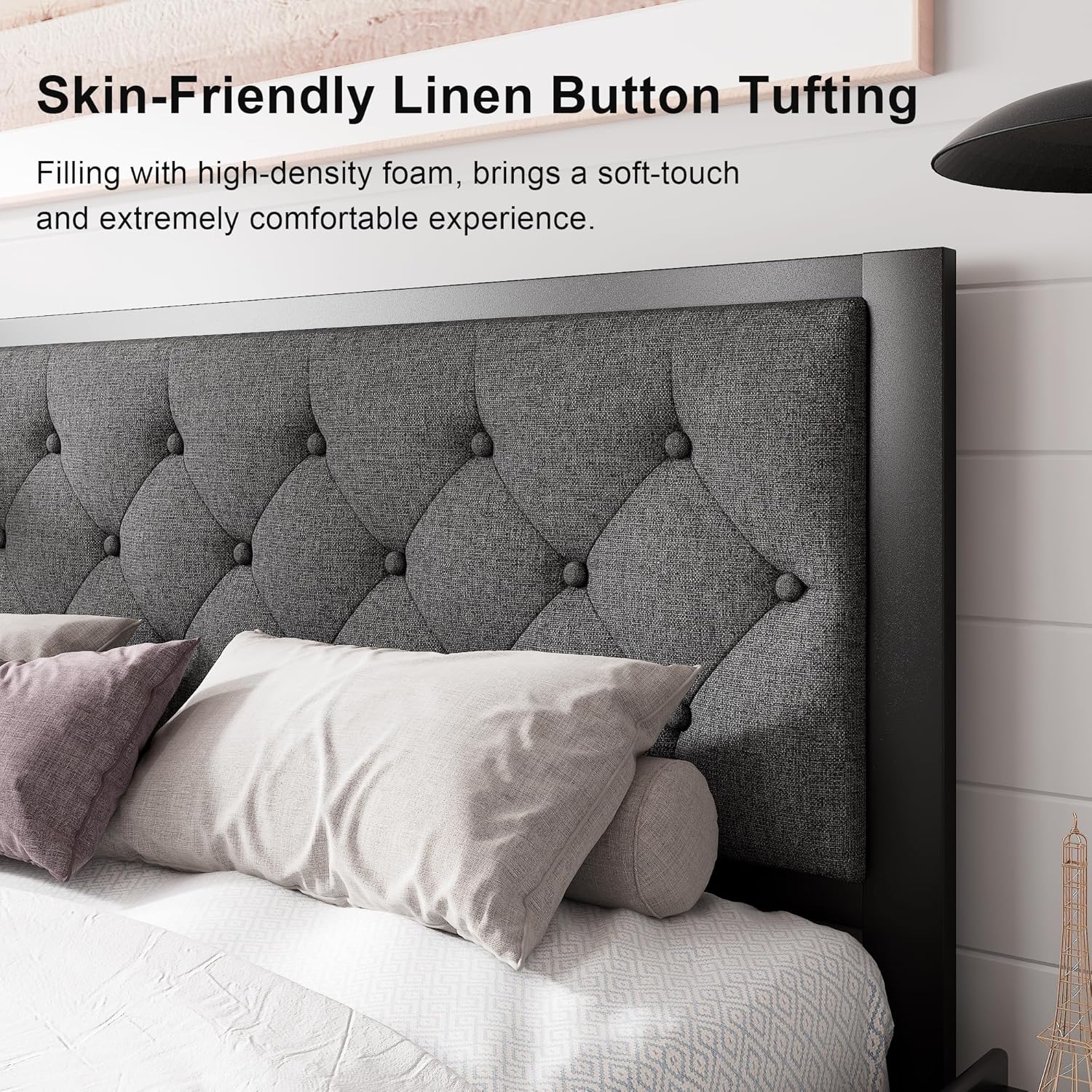 Feonase Metal Bed Frame Heavy-Duty Platform Bed Frame with Linen Upholstered Headboard