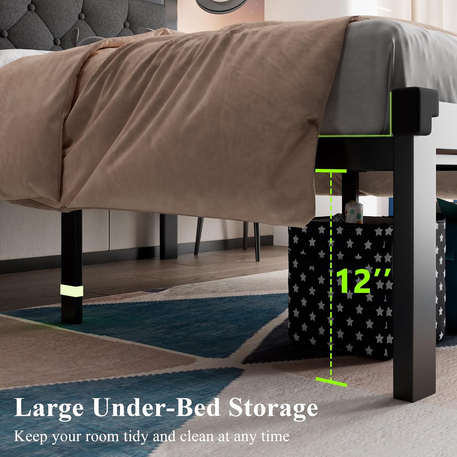 Feonase Metal Bed Frame with Linen Upholstered Headboard