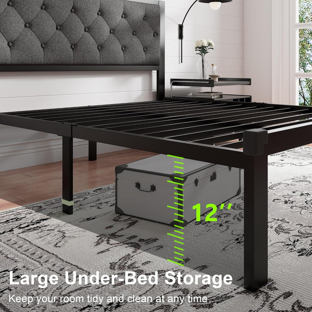 Feonase Metal Bed Frame Heavy-Duty Platform Bed Frame with Linen Upholstered Headboard