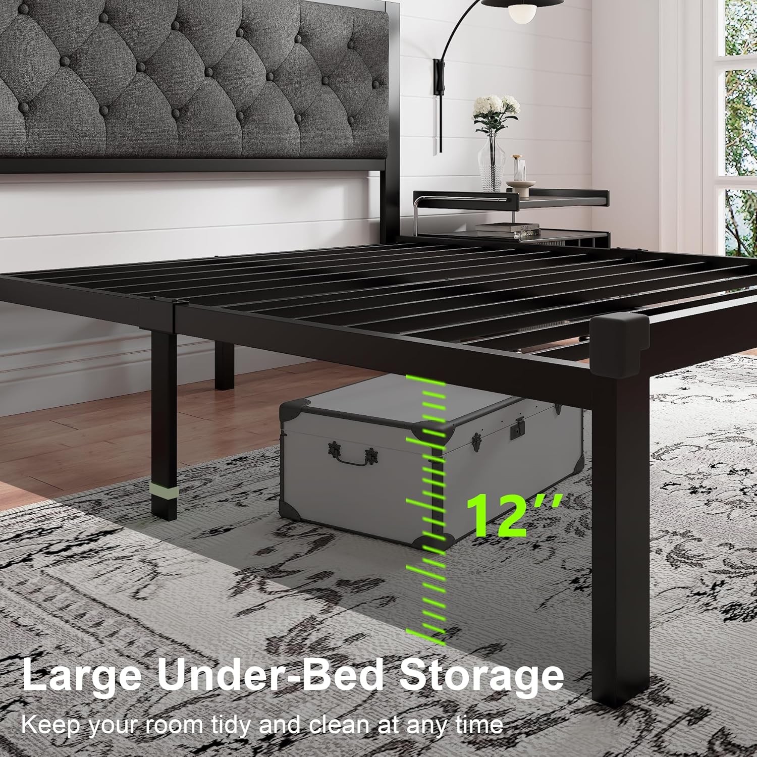 Feonase Metal Bed Frame Heavy-Duty Platform Bed Frame with Linen Upholstered Headboard