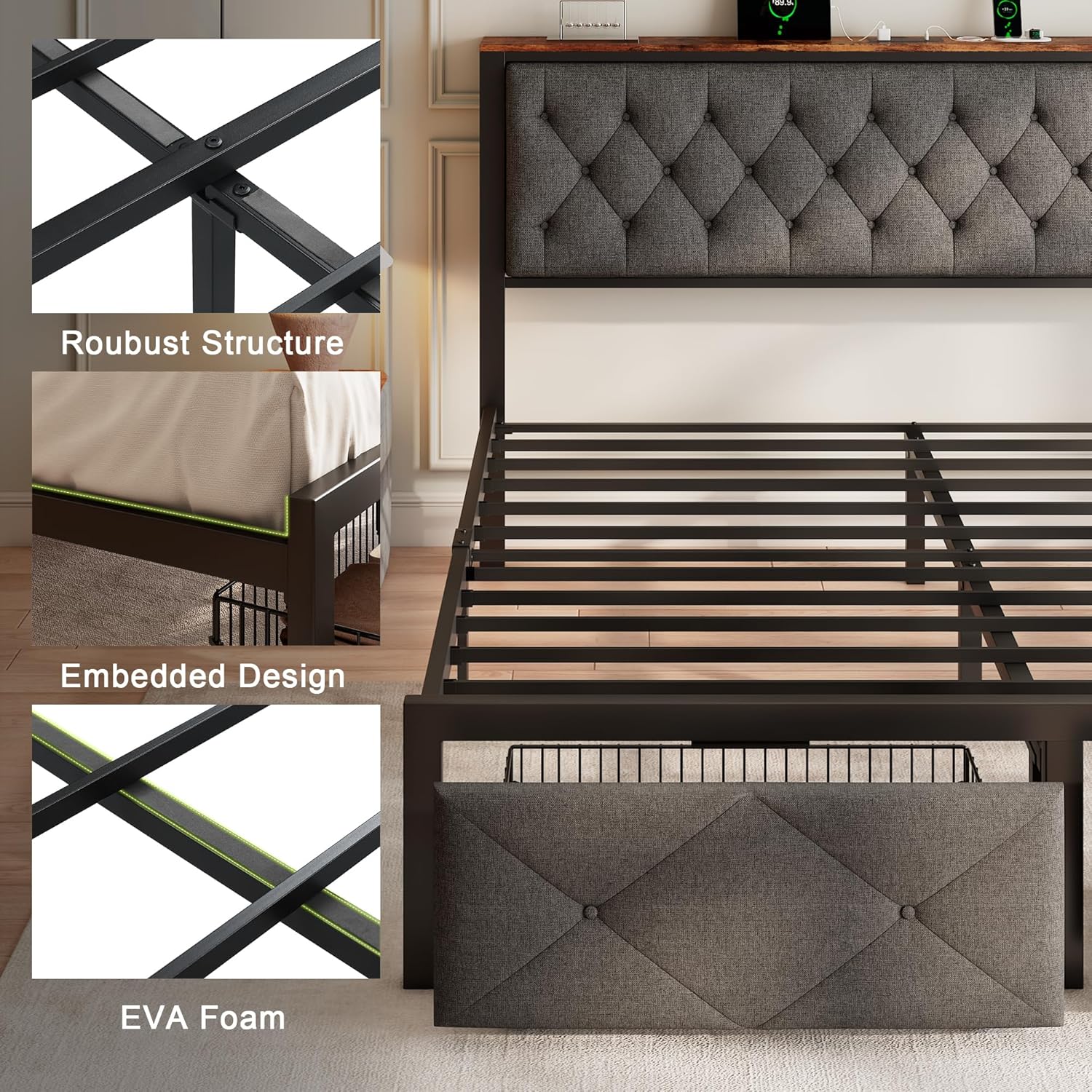 Feonase Metal Bed Frame with 2 Storage Drawers