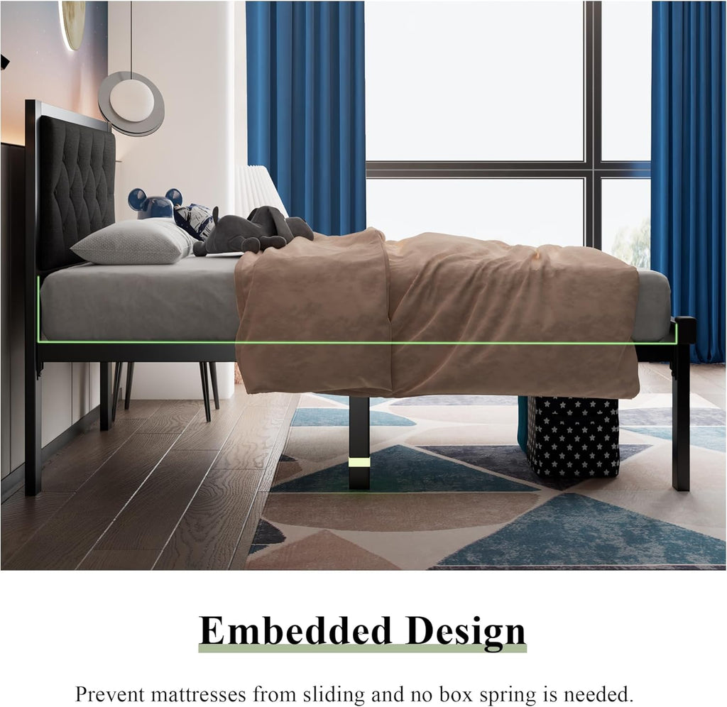 Feonase Metal Bed Frame with Linen Upholstered Headboard