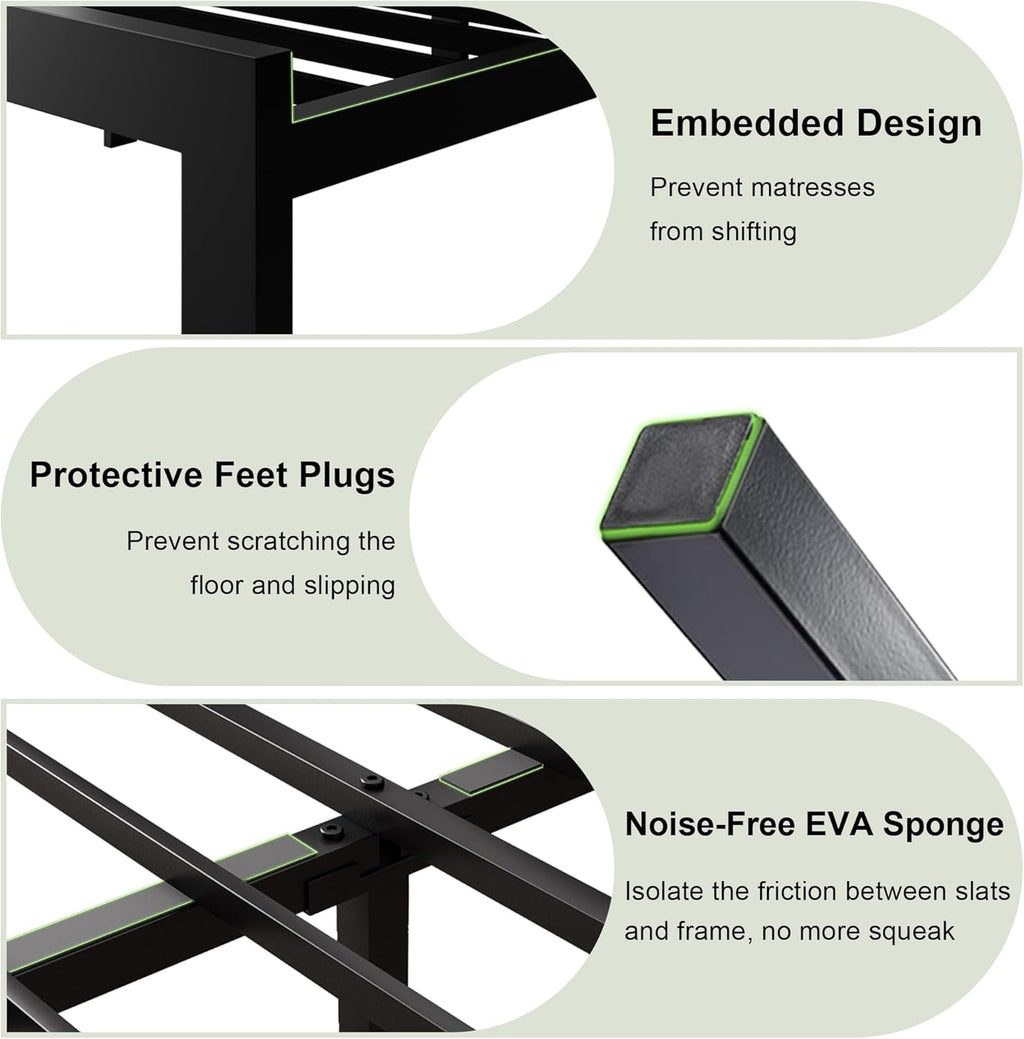 Feonase Metal Bed Frame Heavy-Duty Platform Bed Frame with Linen Upholstered Headboard