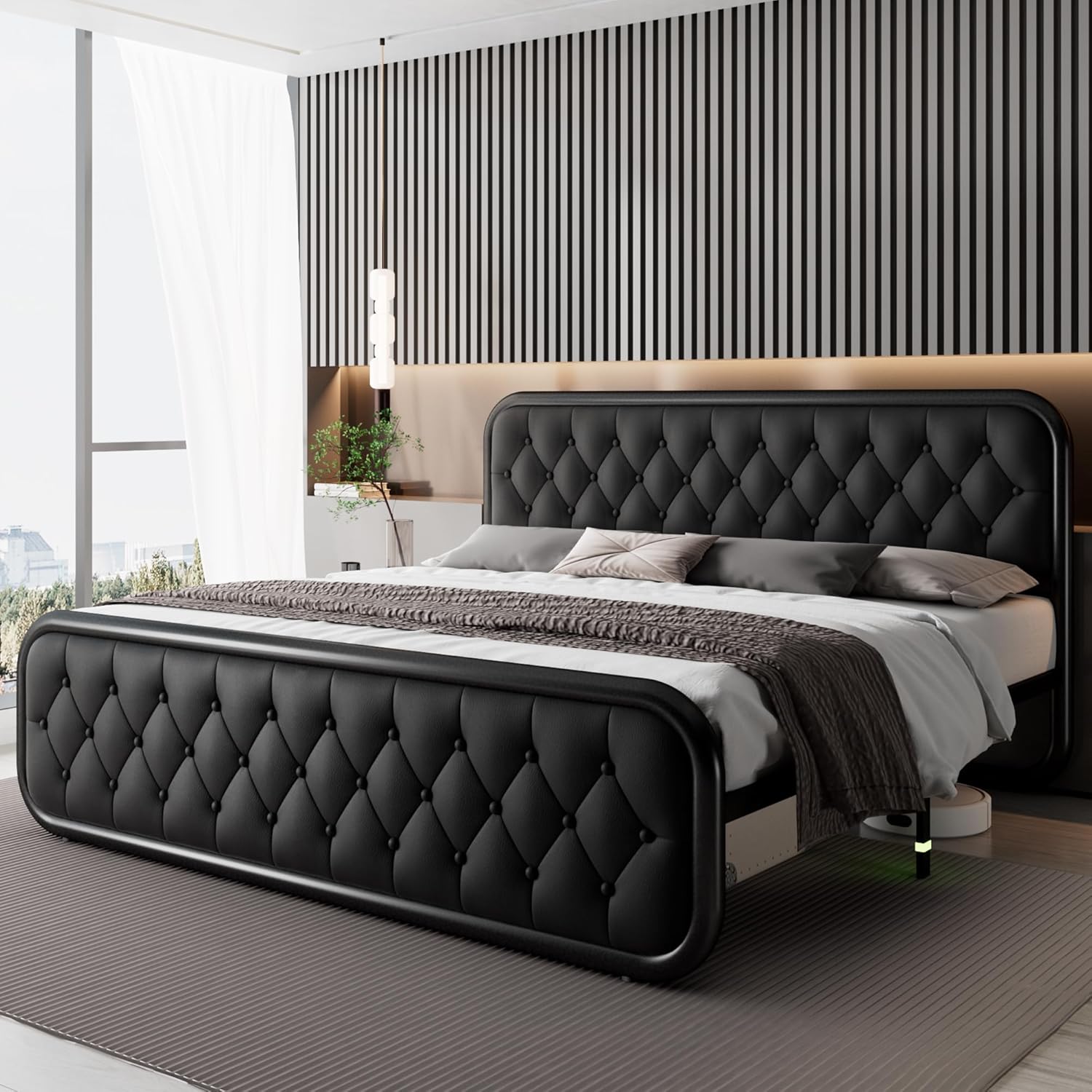Feonase Upholstered Bed Frame with Faux Leather Headboard
