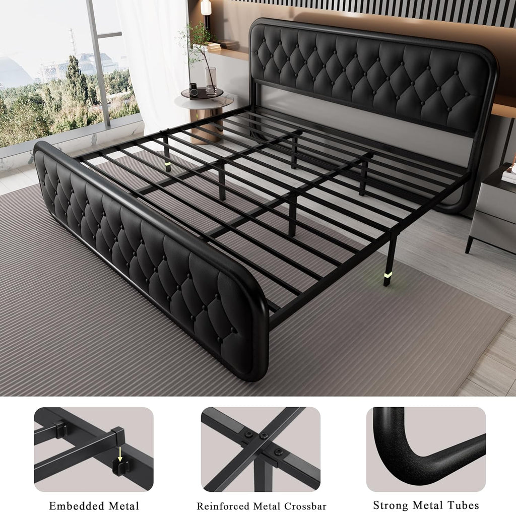Feonase Upholstered Bed Frame with Faux Leather Headboard