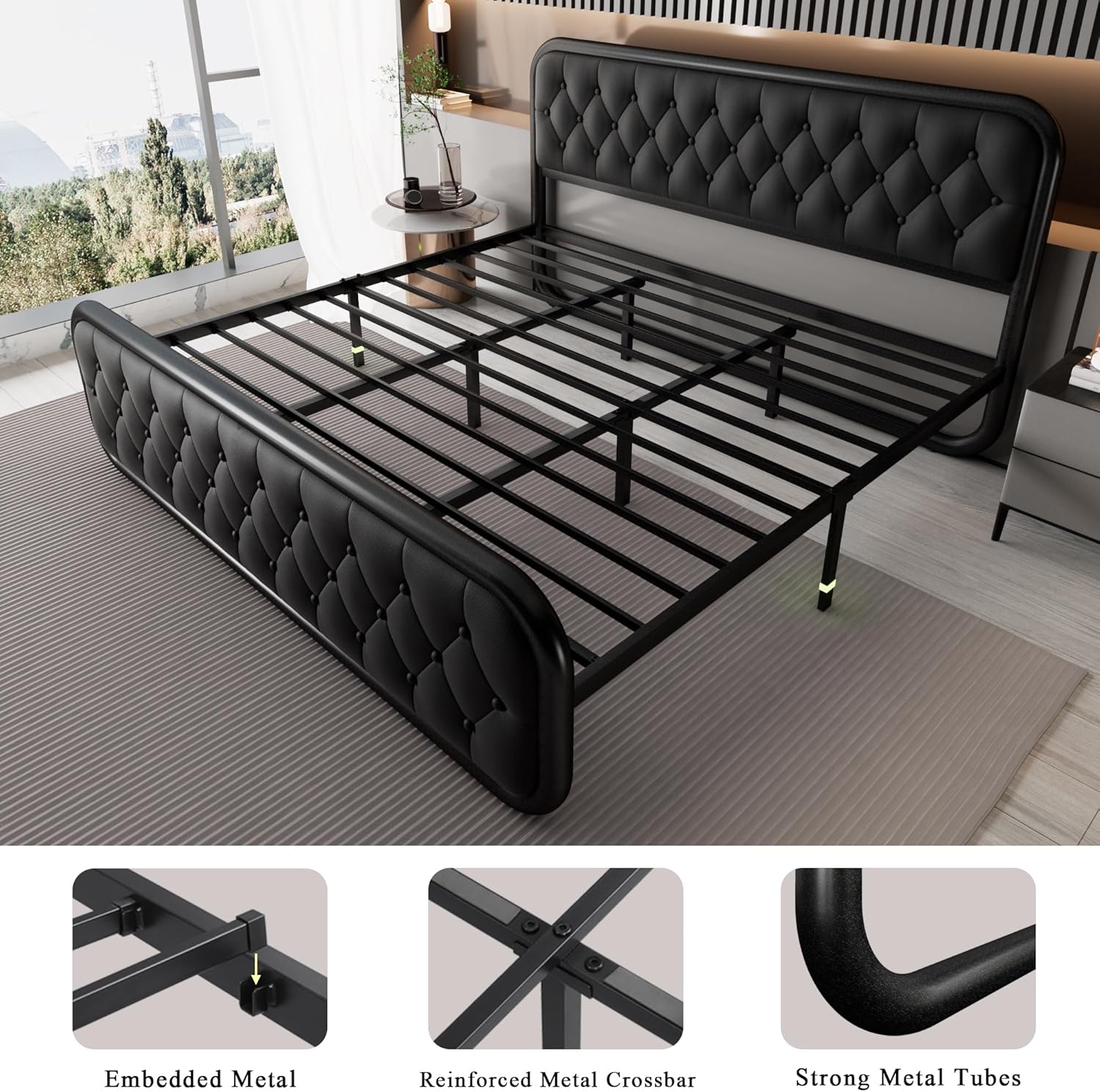 Feonase Upholstered Bed Frame with Faux Leather Headboard