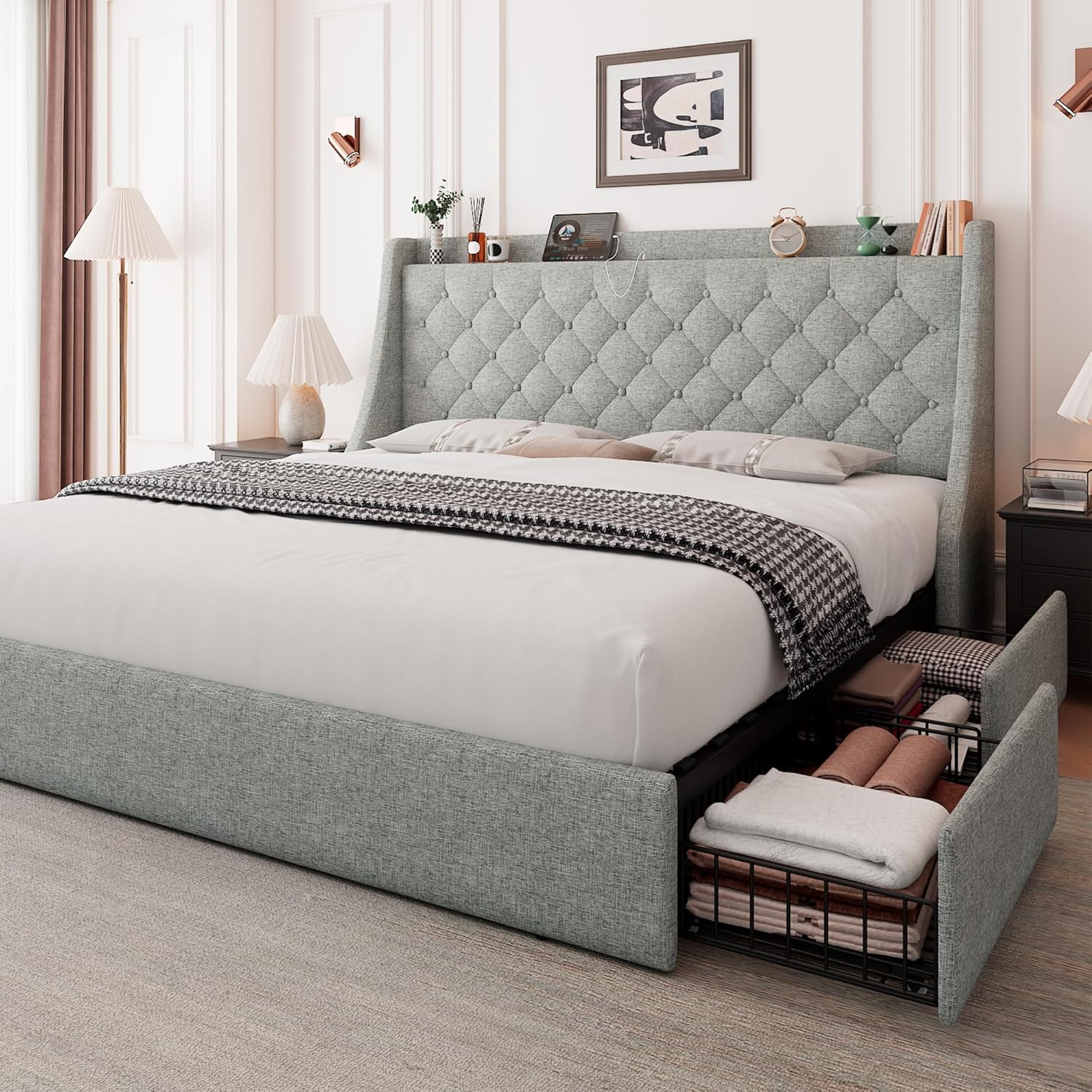 Feonase Bed Frame with 4 Storage Drawers