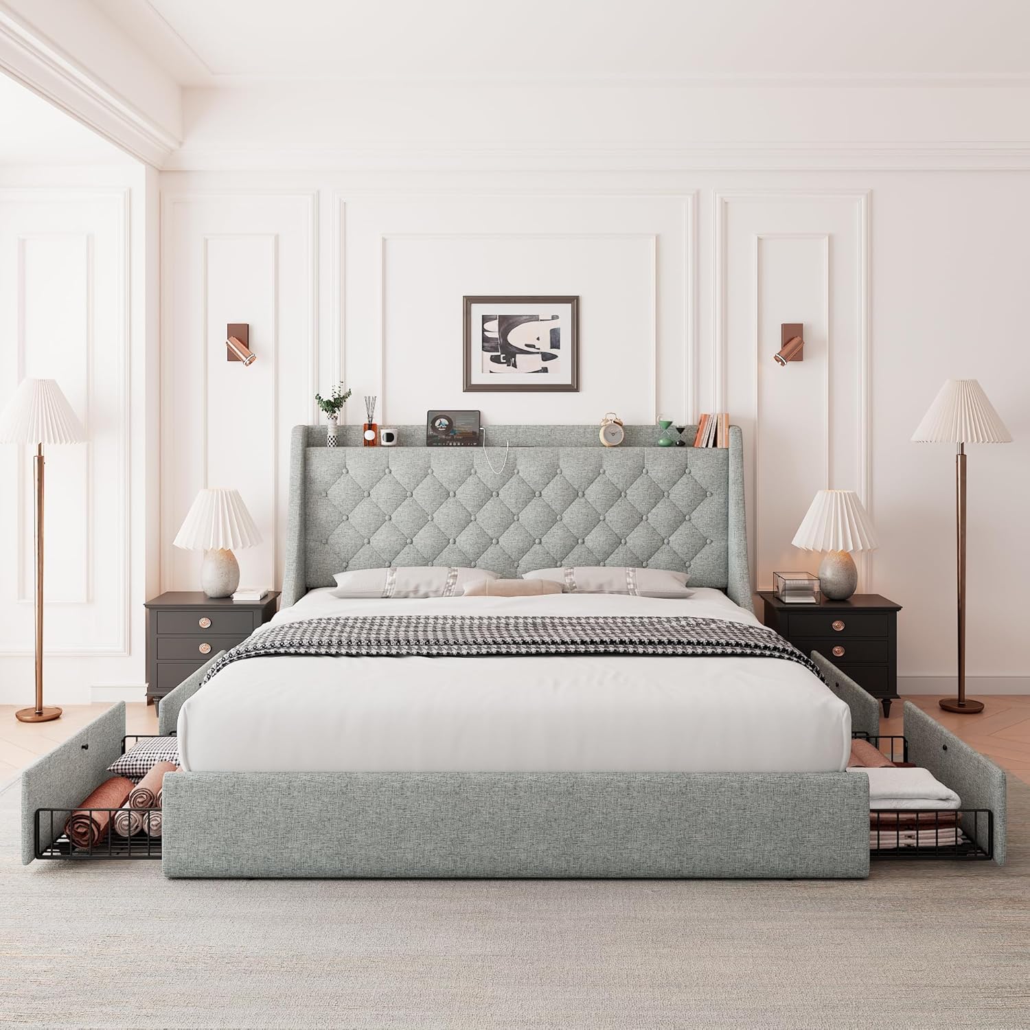 Feonase Bed Frame with 4 Storage Drawers