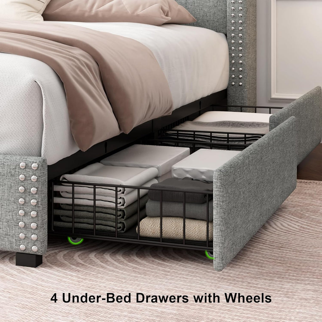 Feonase Platform Bed Frame with 4 Storage Drawers and Charging Station
