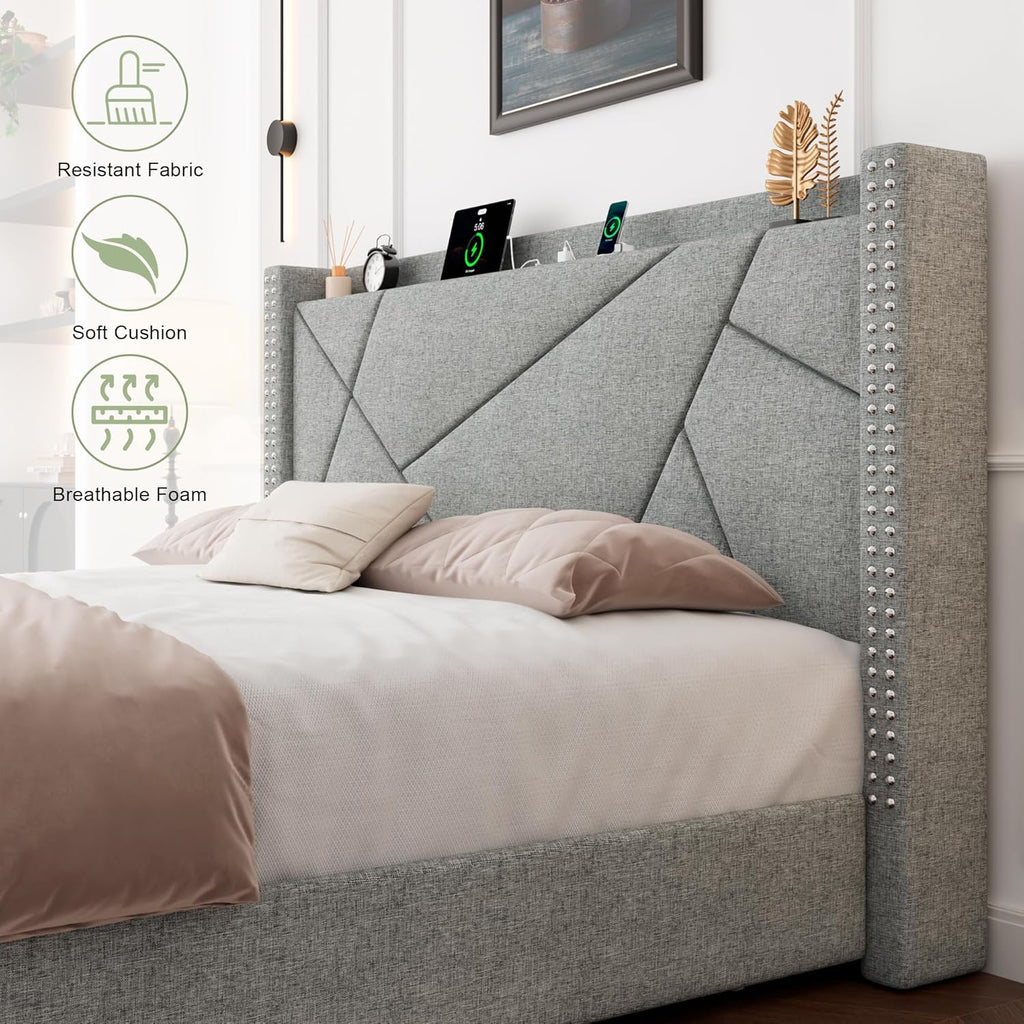 Feonase Platform Bed Frame with 4 Storage Drawers and Charging Station