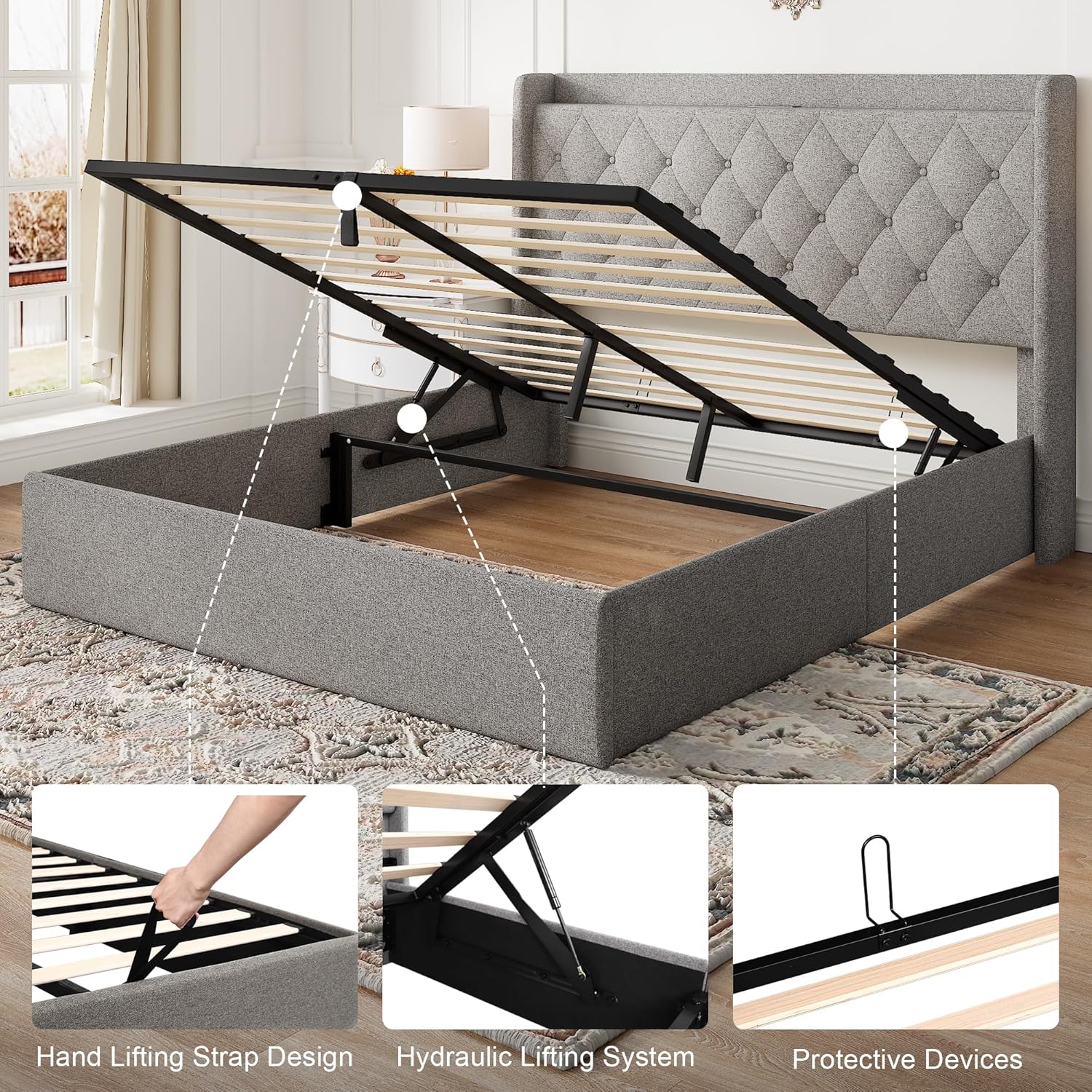 Feonase Lift Up Storage Bed Frame with Charging Station