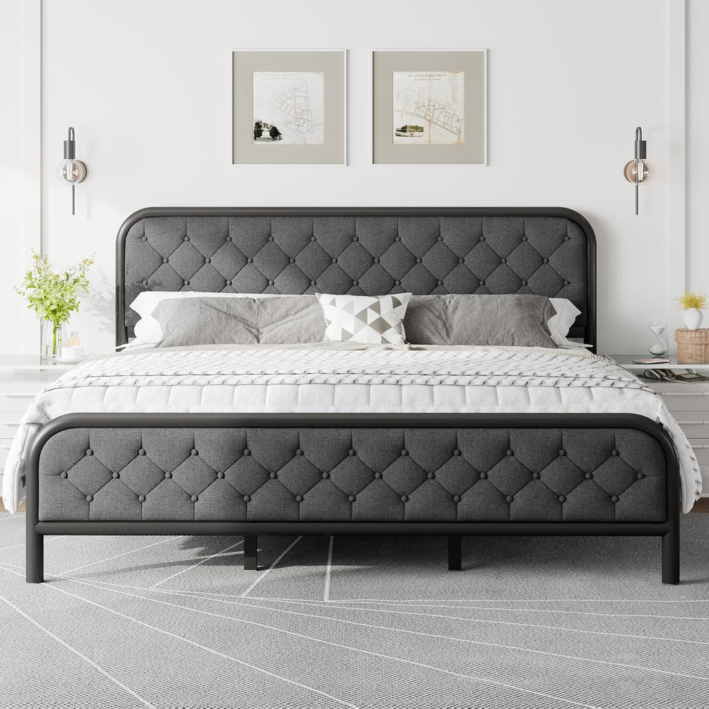 Feonase King Size Bed Frame, Upholstered Metal Bed Frame with Liene Tufted Headboard