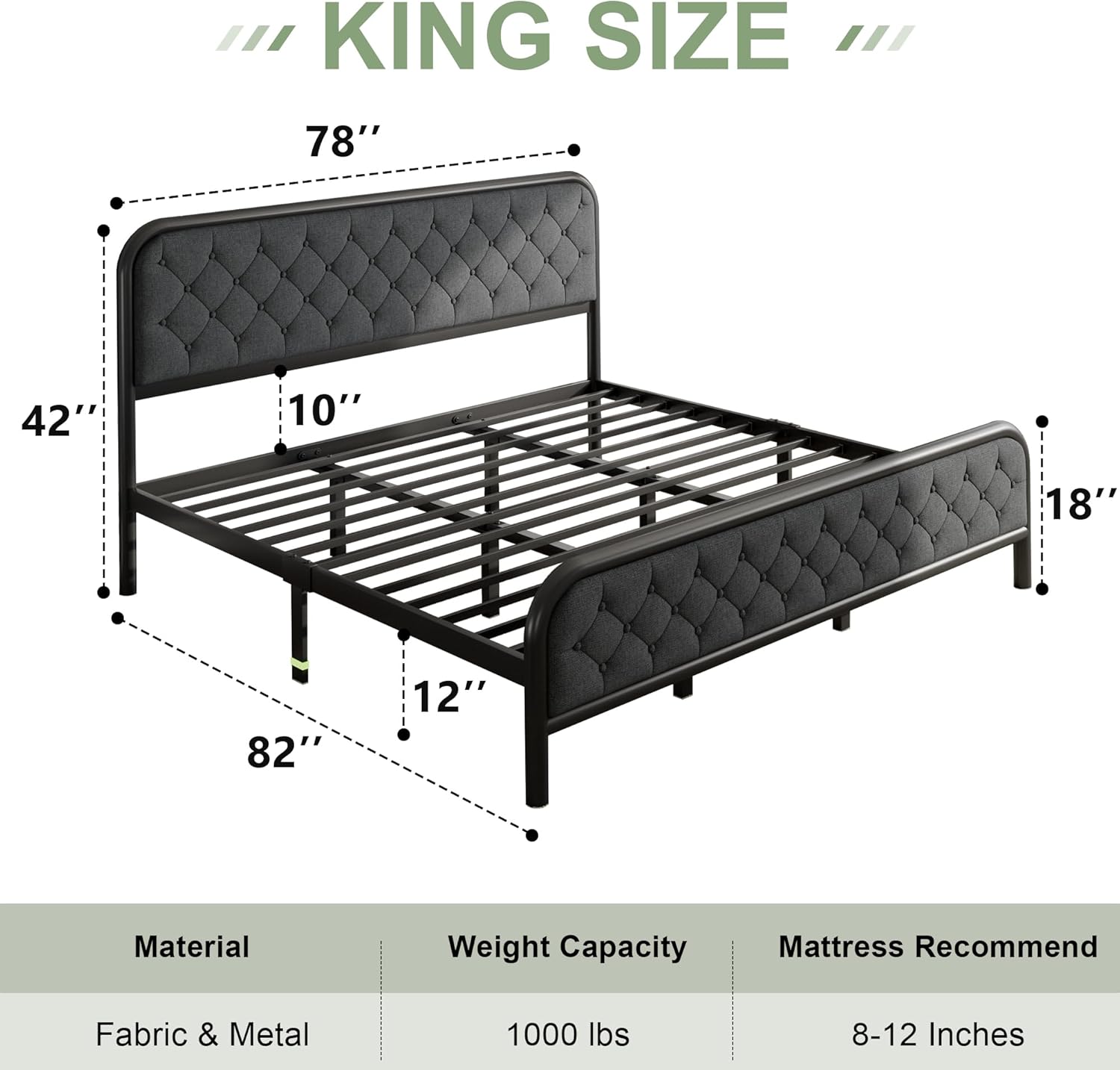 Feonase King Size Bed Frame, Upholstered Metal Bed Frame with Liene Tufted Headboard