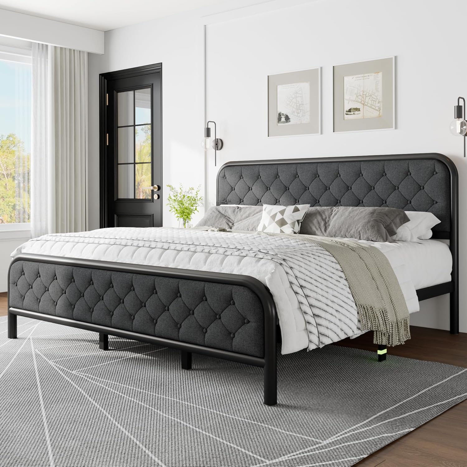 Feonase King Size Bed Frame, Upholstered Metal Bed Frame with Liene Tufted Headboard