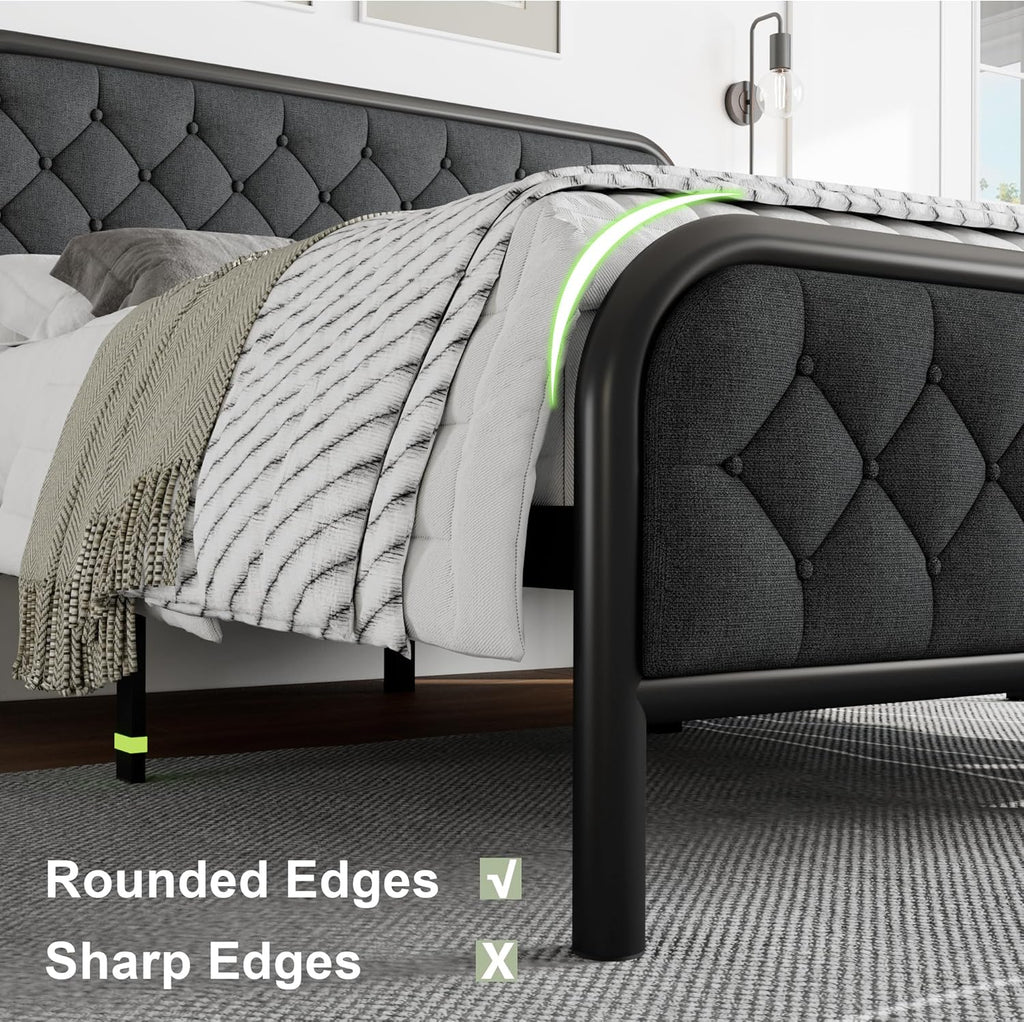 Feonase King Size Bed Frame, Upholstered Metal Bed Frame with Liene Tufted Headboard