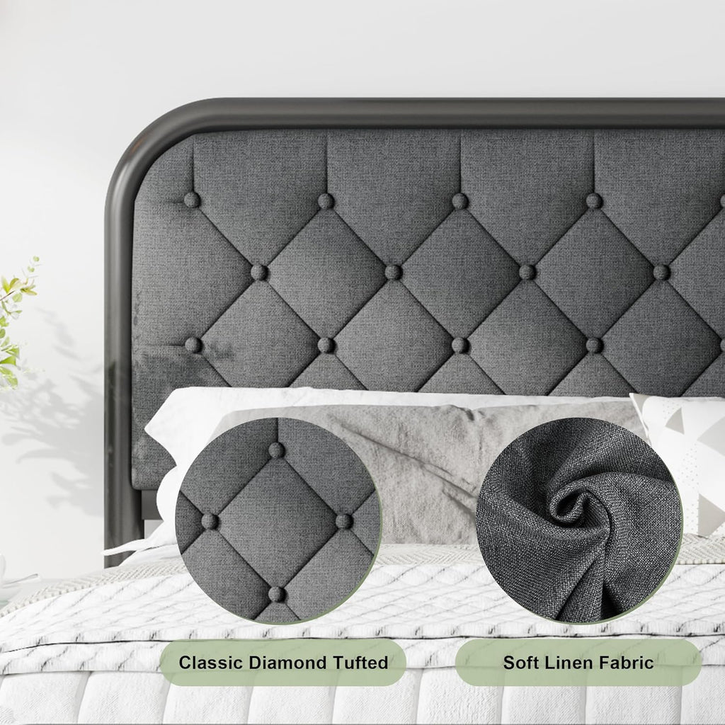 Feonase King Size Bed Frame, Upholstered Metal Bed Frame with Liene Tufted Headboard