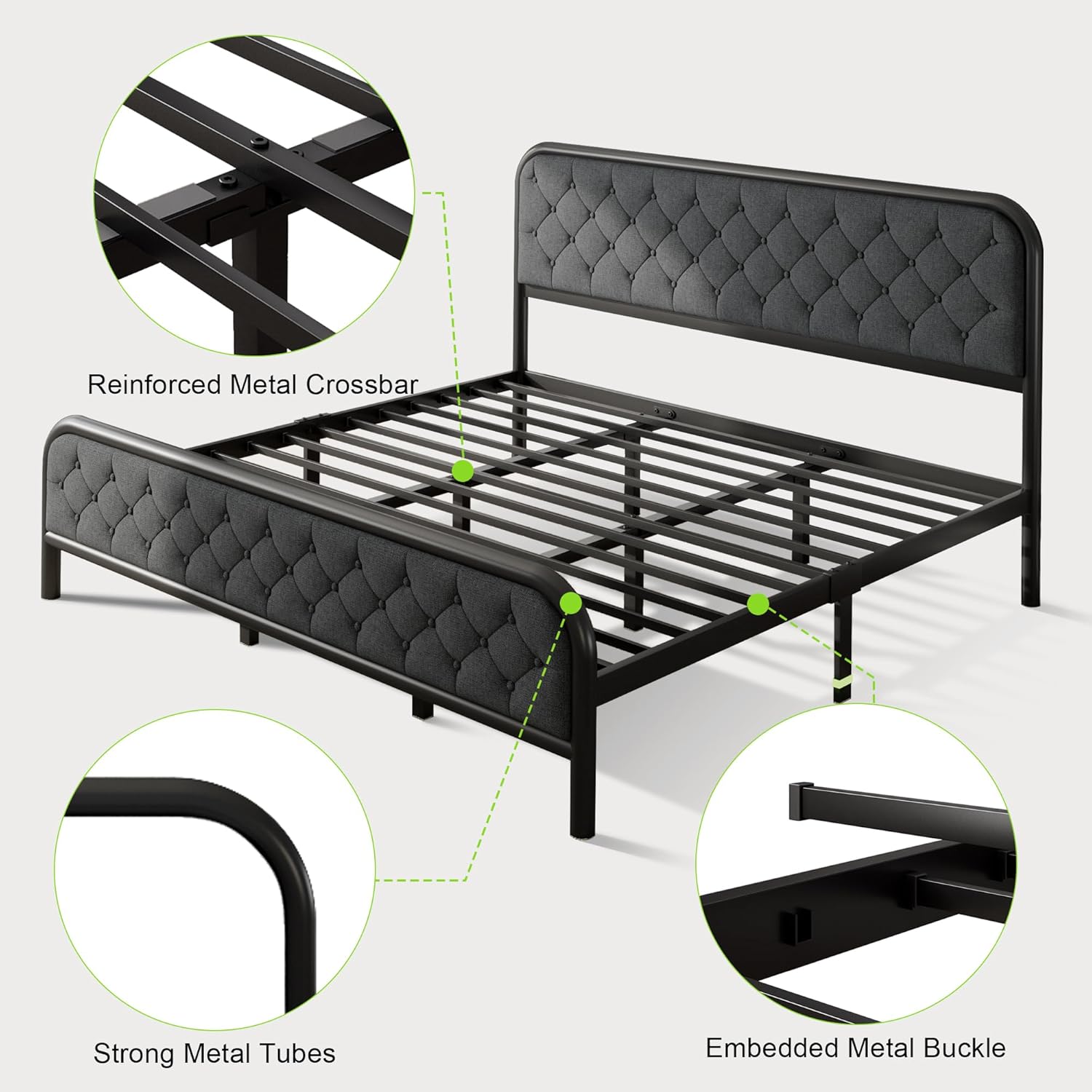 Feonase King Size Bed Frame, Upholstered Metal Bed Frame with Liene Tufted Headboard