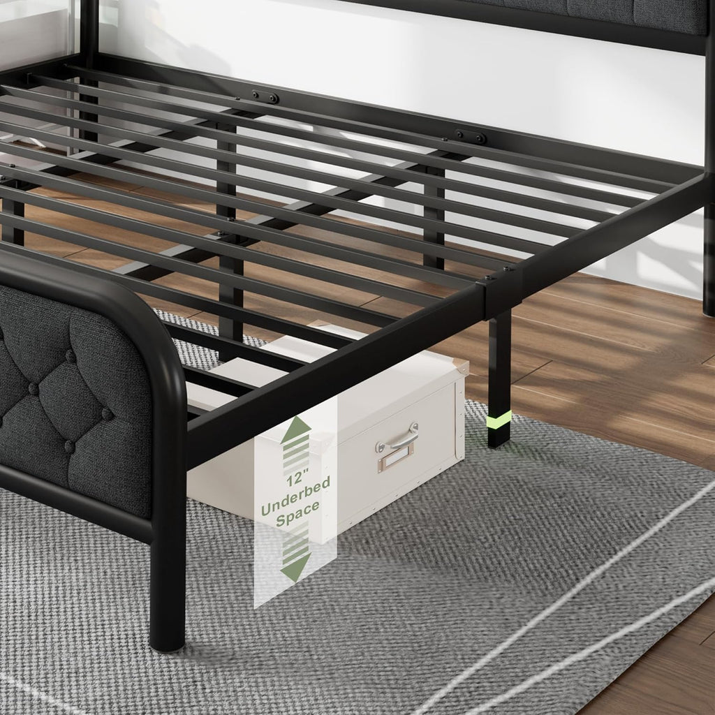Feonase King Size Bed Frame, Upholstered Metal Bed Frame with Liene Tufted Headboard