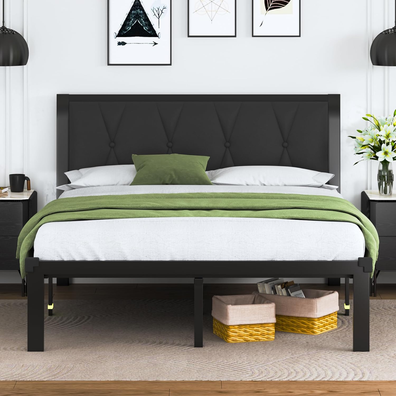 Feonase Metal Bed Frame with Fabric Button Tufted Headboard