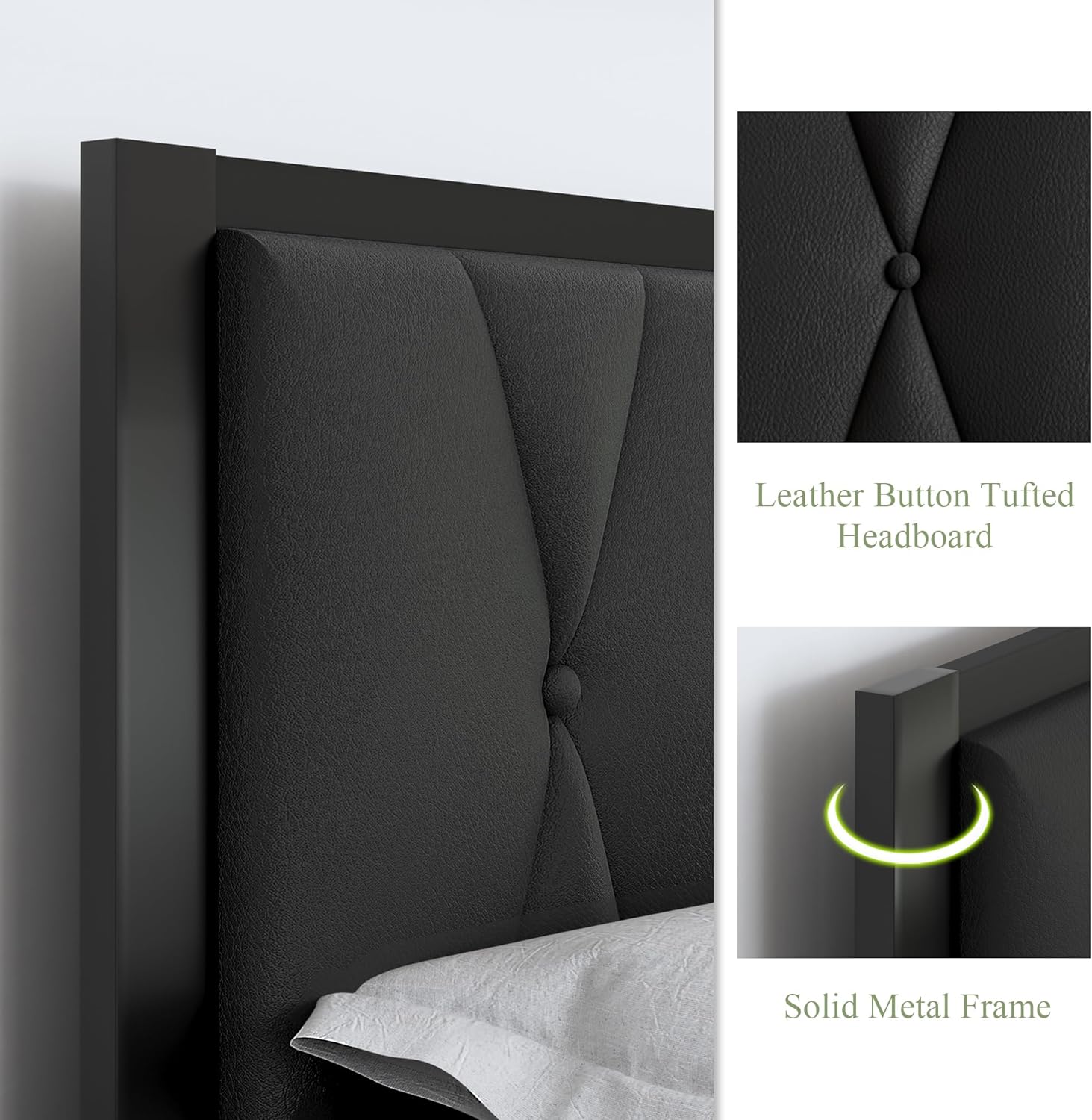 Feonase Metal Bed Frame with Fabric Button Tufted Headboard