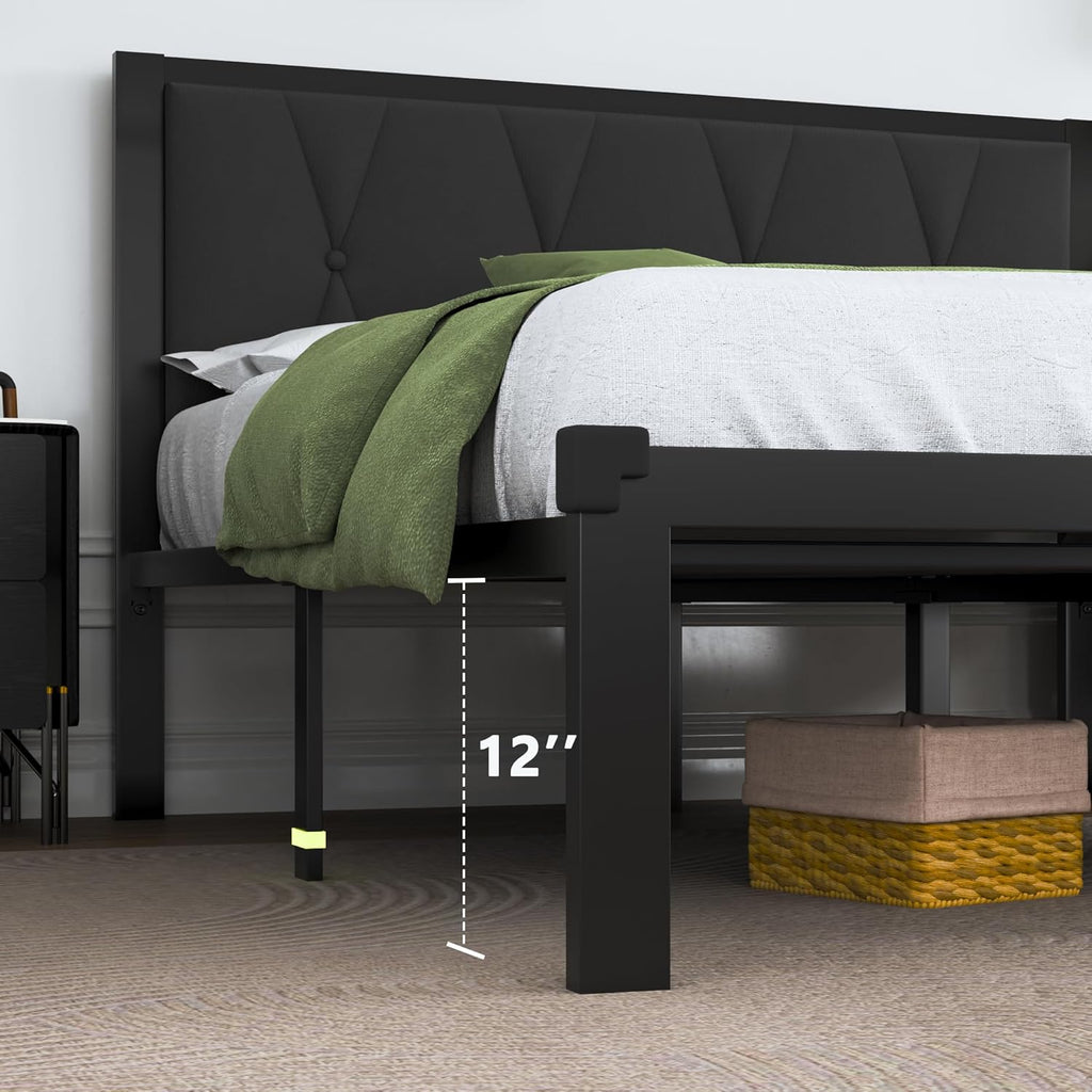 Feonase Metal Bed Frame with Fabric Button Tufted Headboard
