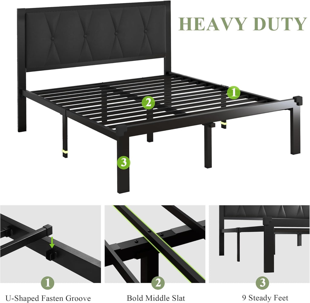 Feonase Metal Bed Frame with Fabric Button Tufted Headboard