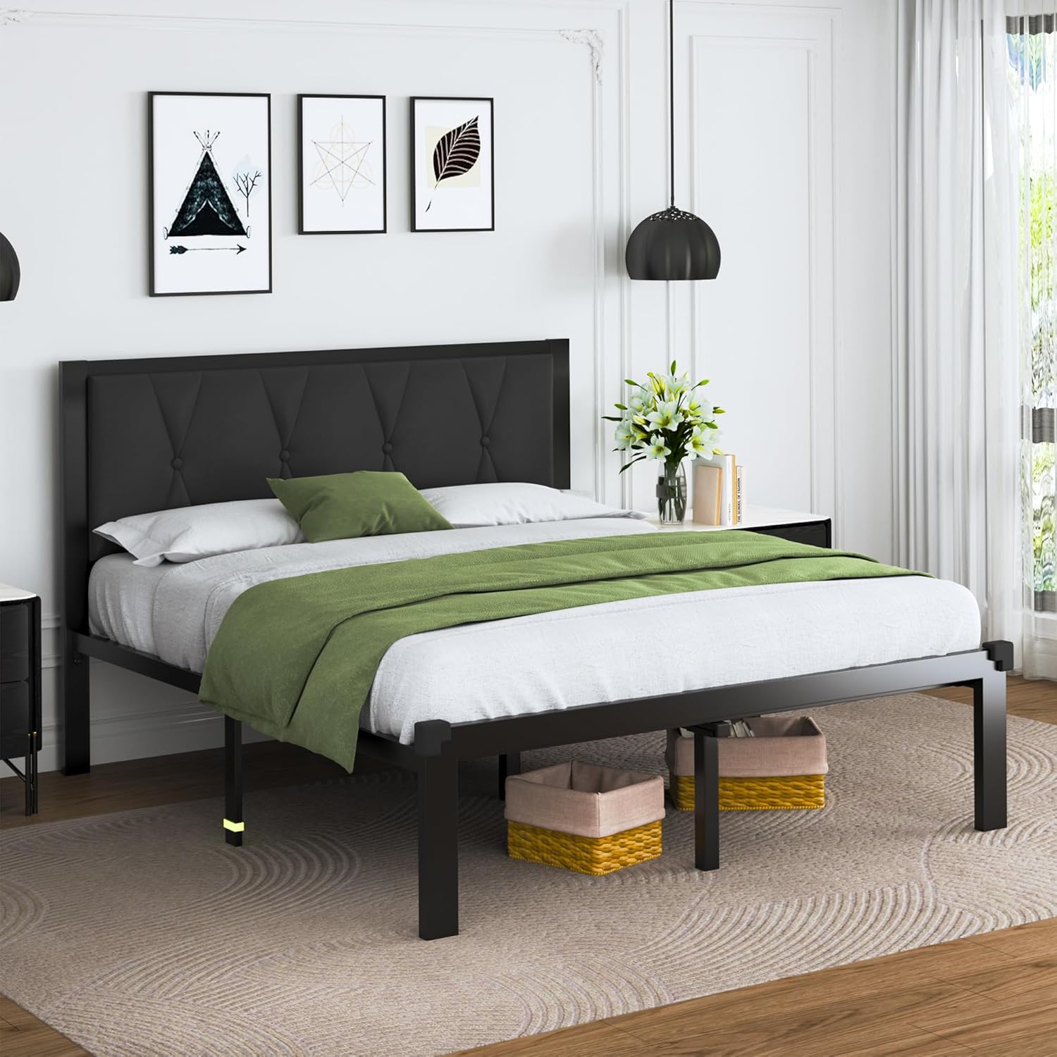 Feonase Metal Bed Frame with Fabric Button Tufted Headboard