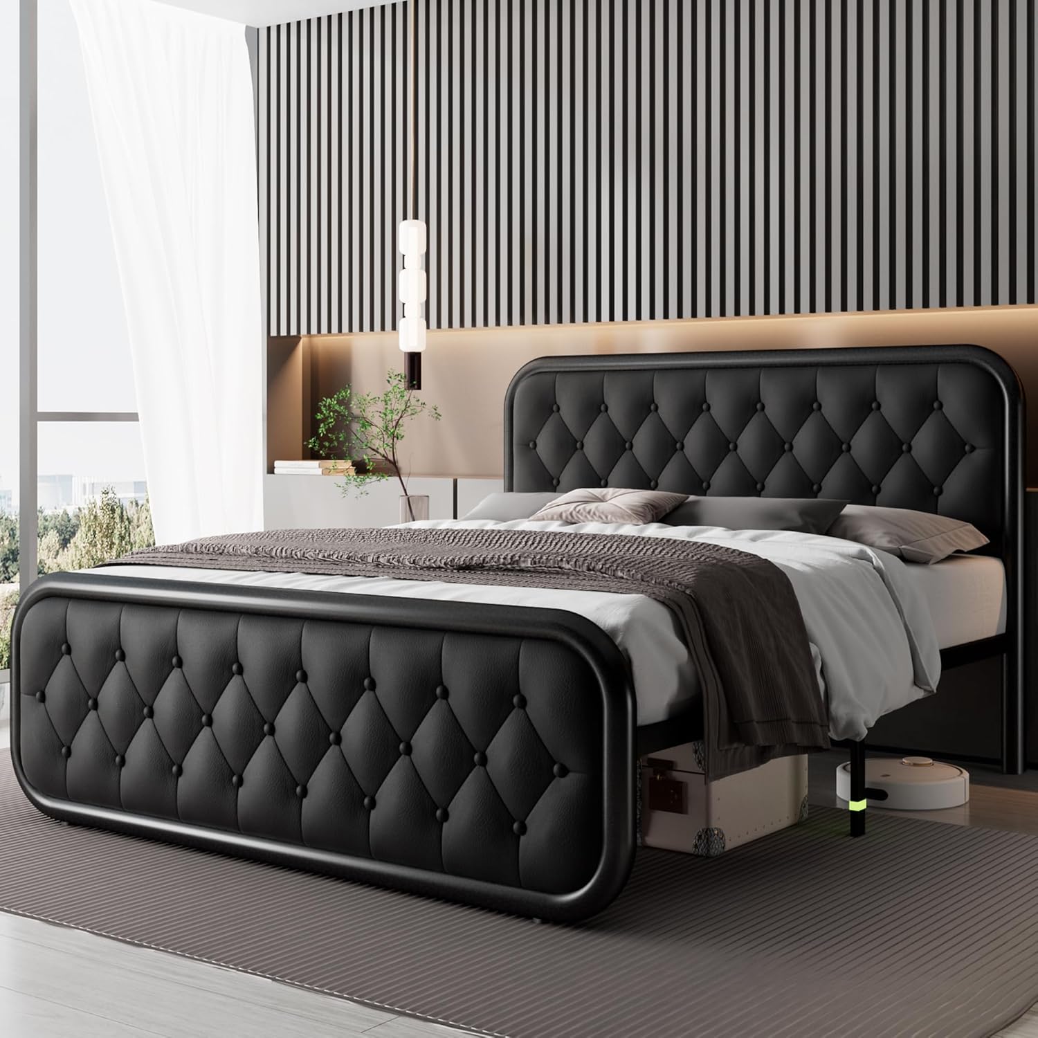 Feonase Upholstered Bed Frame with Faux Leather Headboard