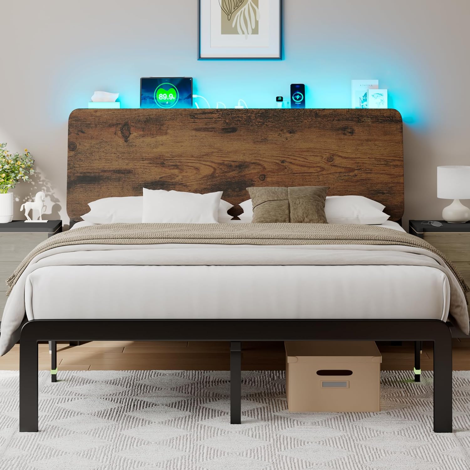Feonase Bed Frame with Ergonomic Storage Headboard & Charging Station
